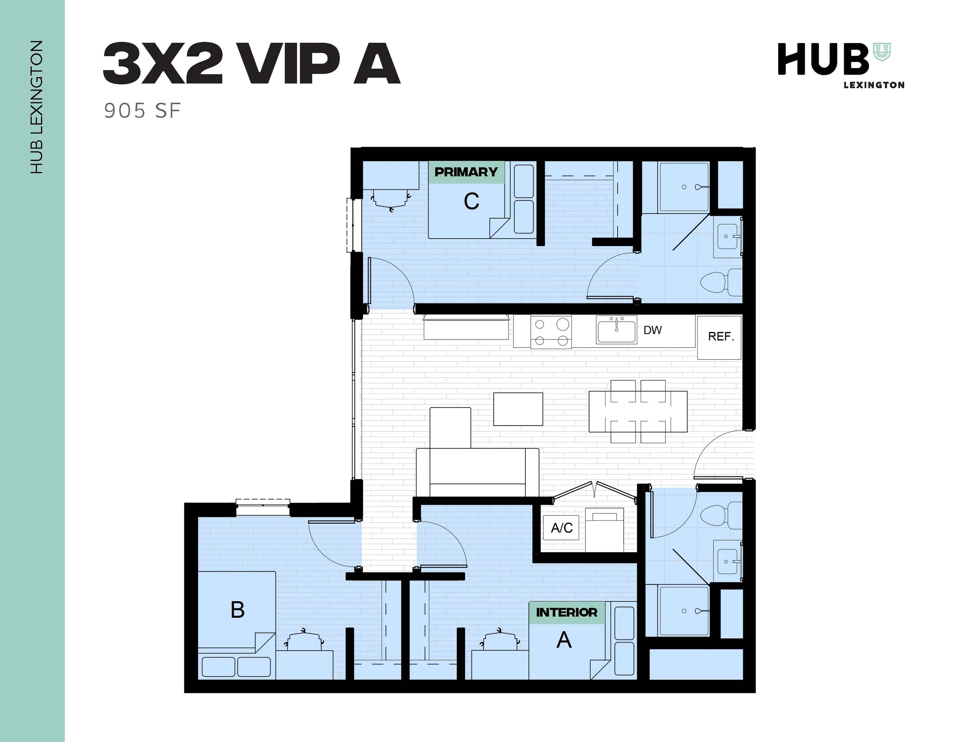Modern 3x2 VIP A floor plan at Hub Lexington with spacious layout featuring two bedrooms, open kitchen, and inviting living space, covering 905 square feet.