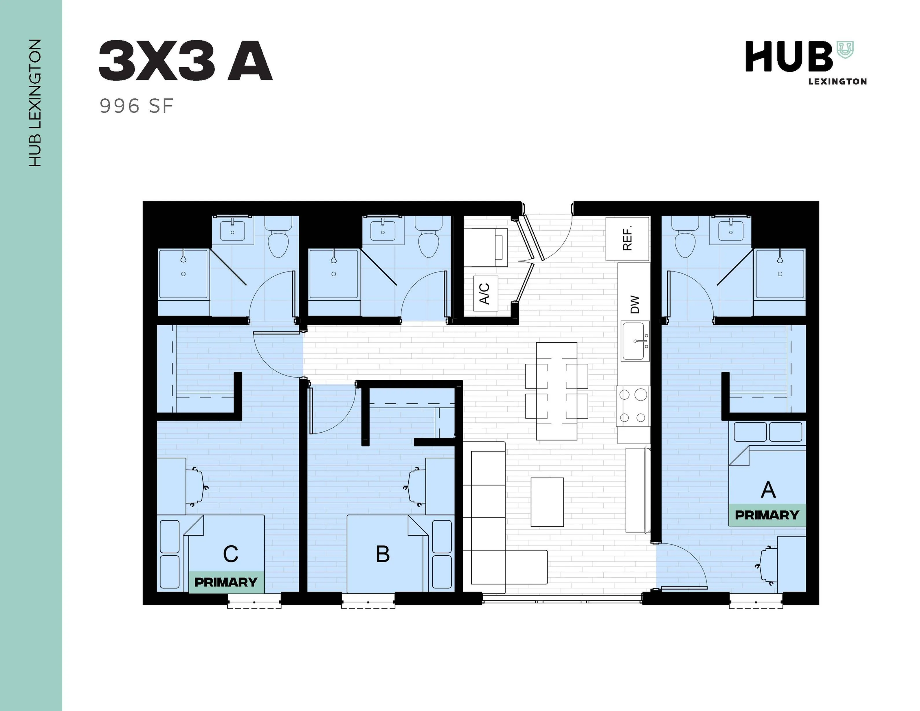 Modern 3-bedroom apartment floor plan with open kitchen, spacious living area, and three bathrooms in 996 sq ft, Hub Lexington.