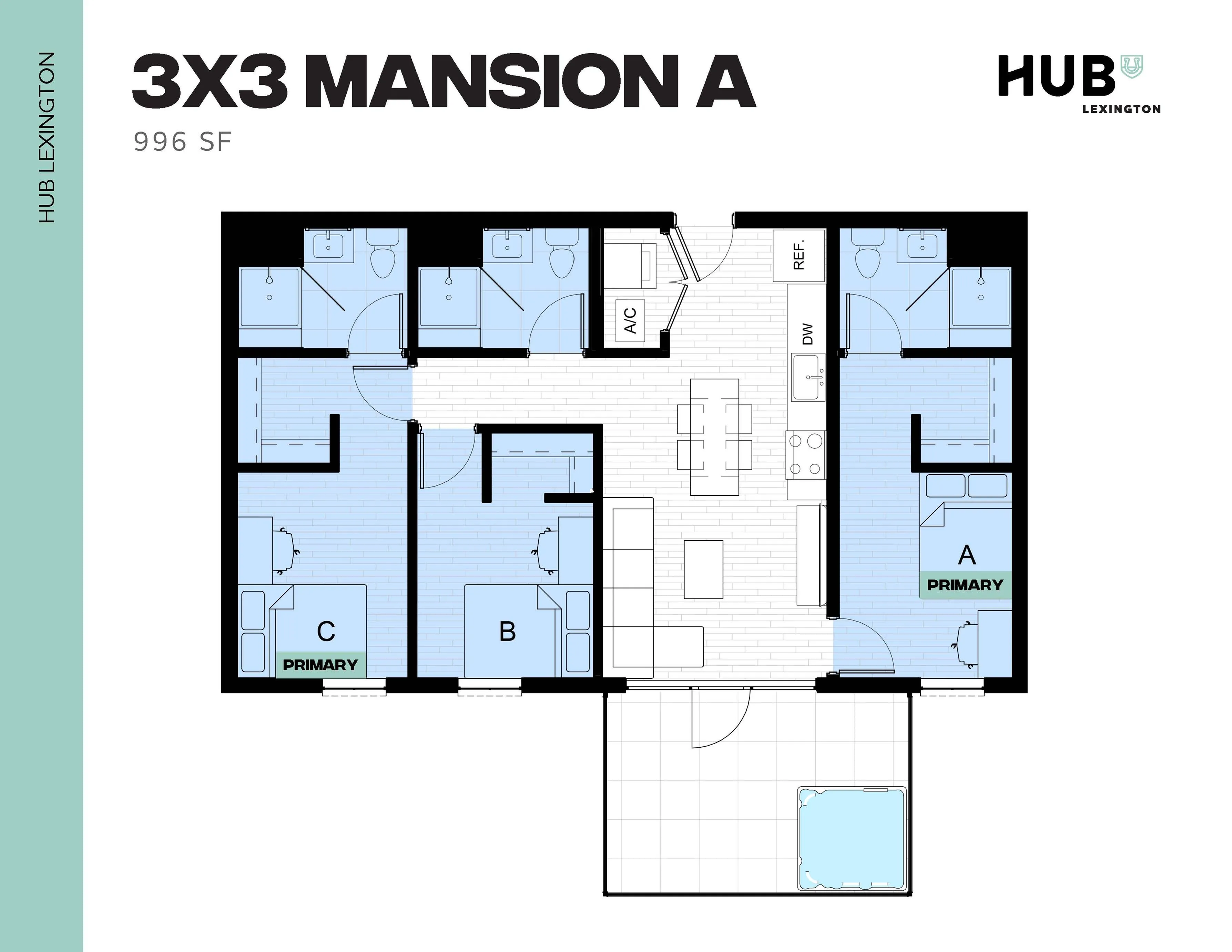 Modern 3x3 Mansion A floor plan with 3 spacious bedrooms, open-concept living area, gourmet kitchen, and 996 sq ft of luxury living space at Hub Lexington.
