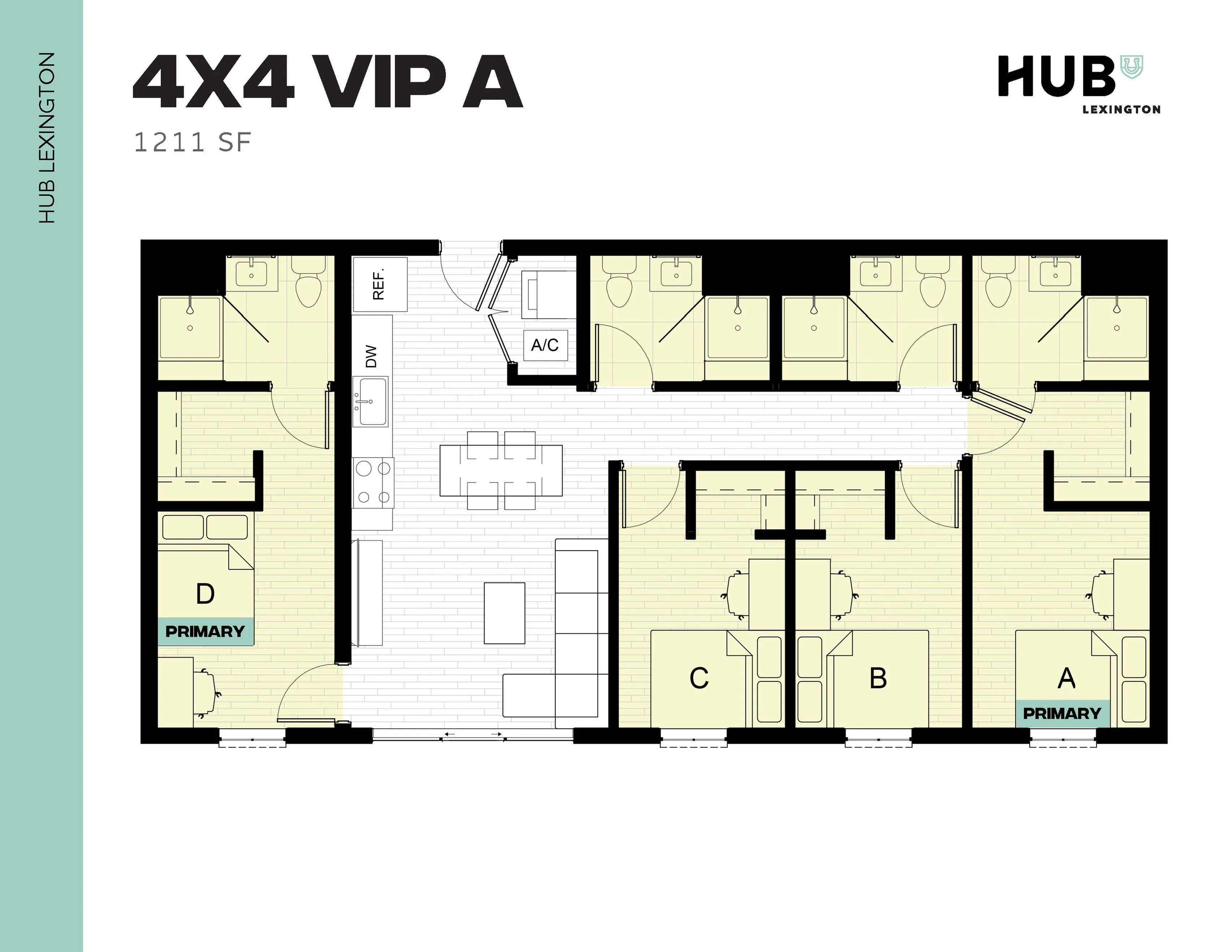 Modern floor plan of a 4-bedroom apartment with spacious living area, multiple bathrooms, and a sleek kitchen layout, covering 1211 sq ft in Hub Lexington.