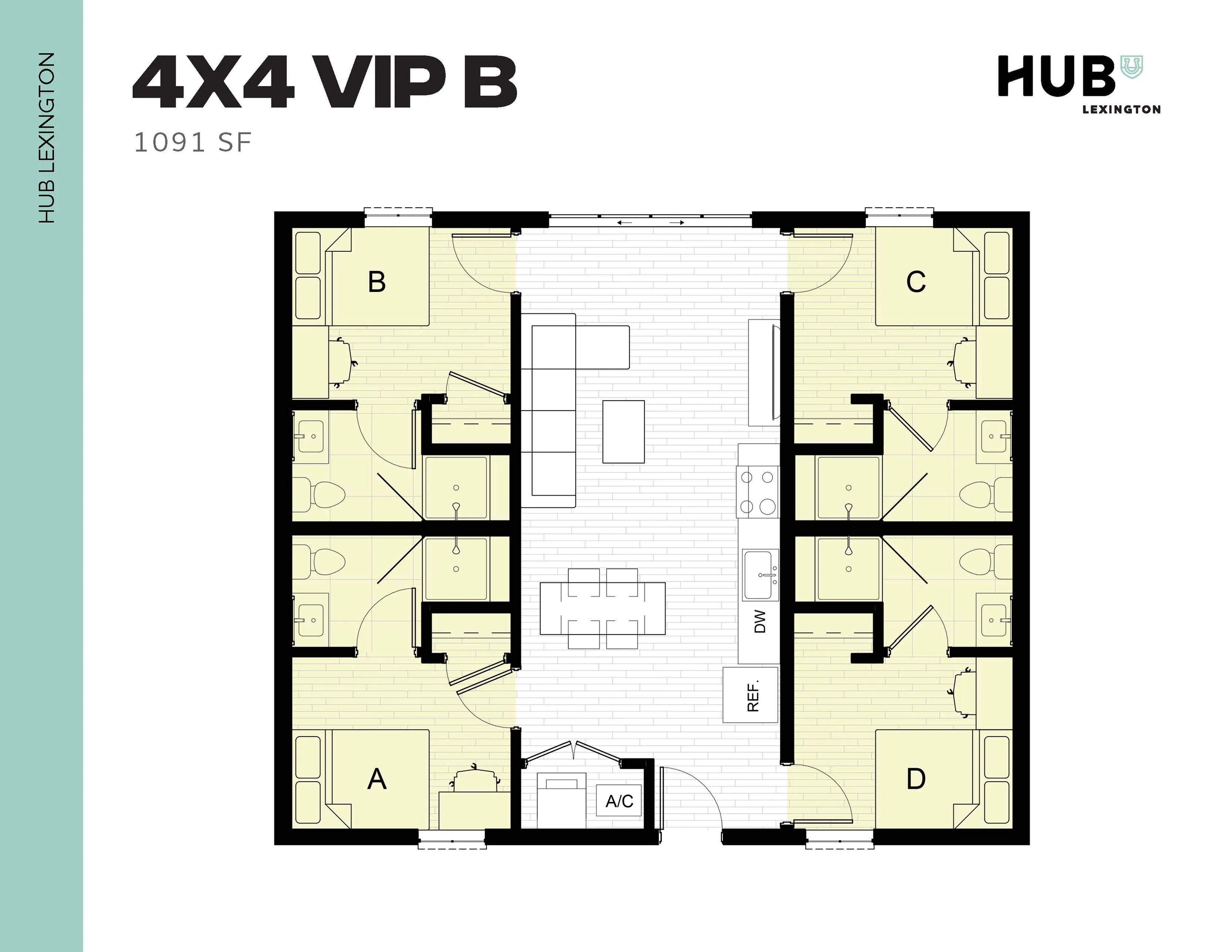 Modern 4-bedroom floor plan for 4X4 VIP B at Hub Lexington, featuring 1091 sq ft with open living area and efficient layout.