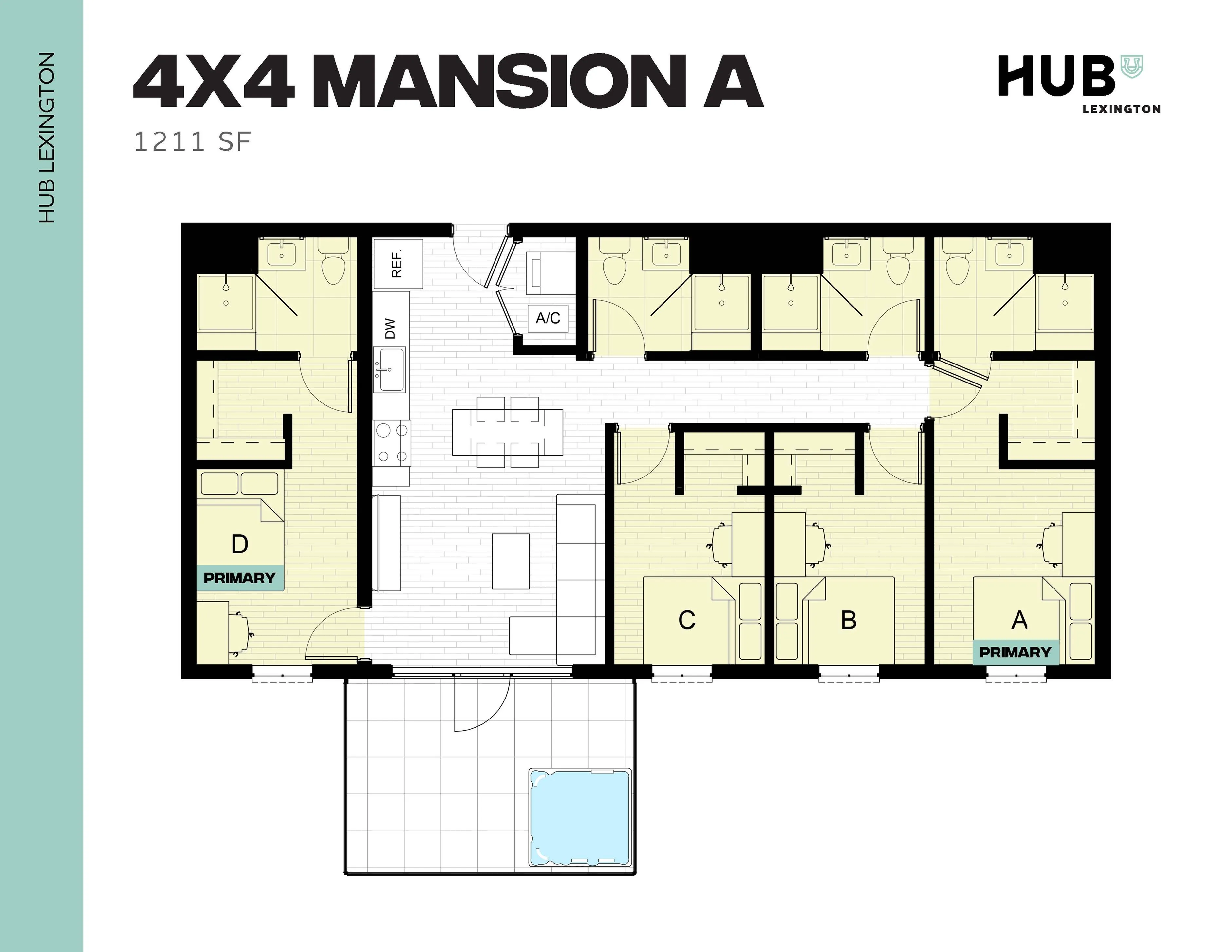 Modern 4X4 Mansion A floor plan with 4 bedrooms, each with an ensuite bathroom, a spacious open-concept living area, well-equipped kitchen, and private outdoor space, offering 1211 sq ft of luxury at Hub Lexington.