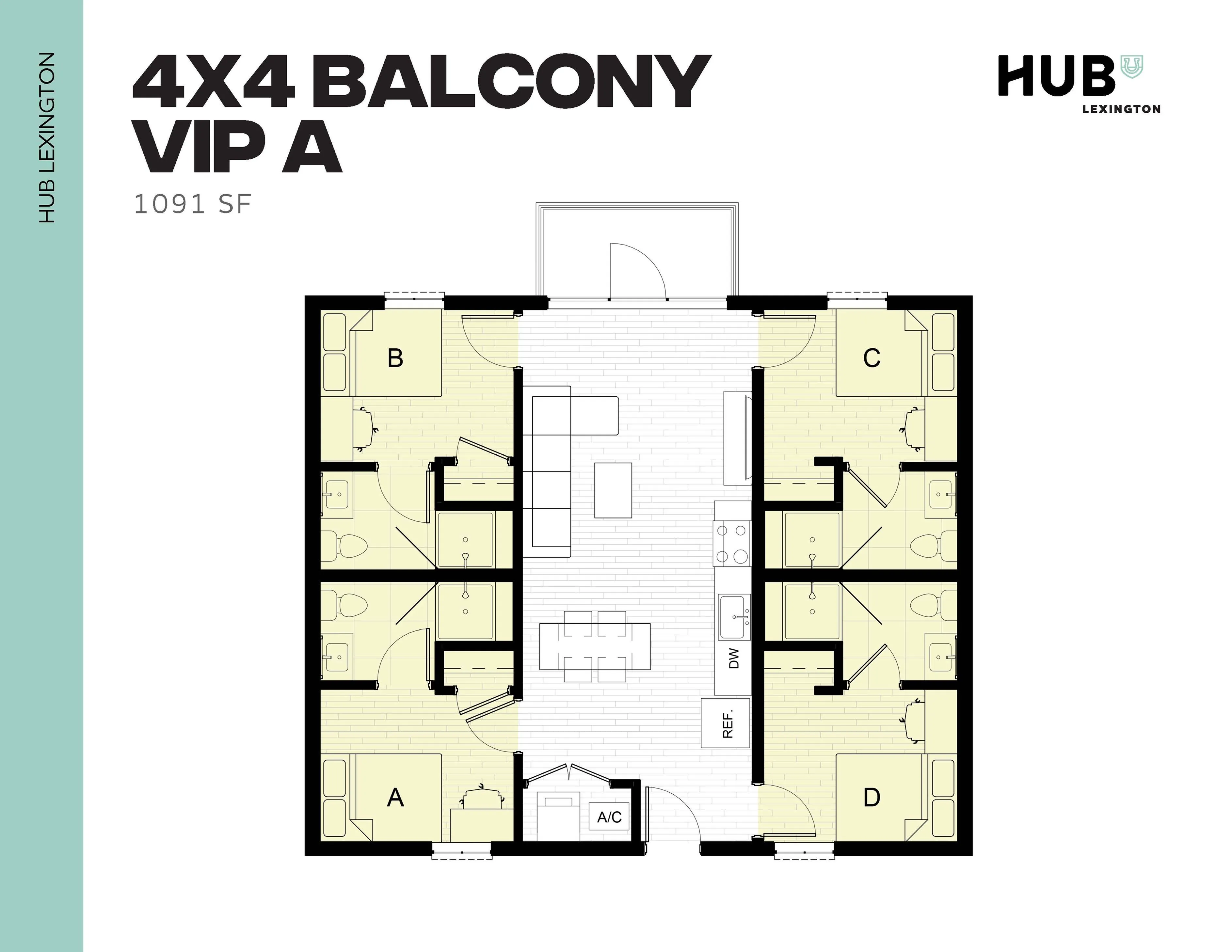 Elegant floor plan of HUB Lexington's 4x4 Balcony VIP A, featuring 4 bedrooms, open living area, and modern kitchen, spread across 1091 sq ft for luxurious living.
