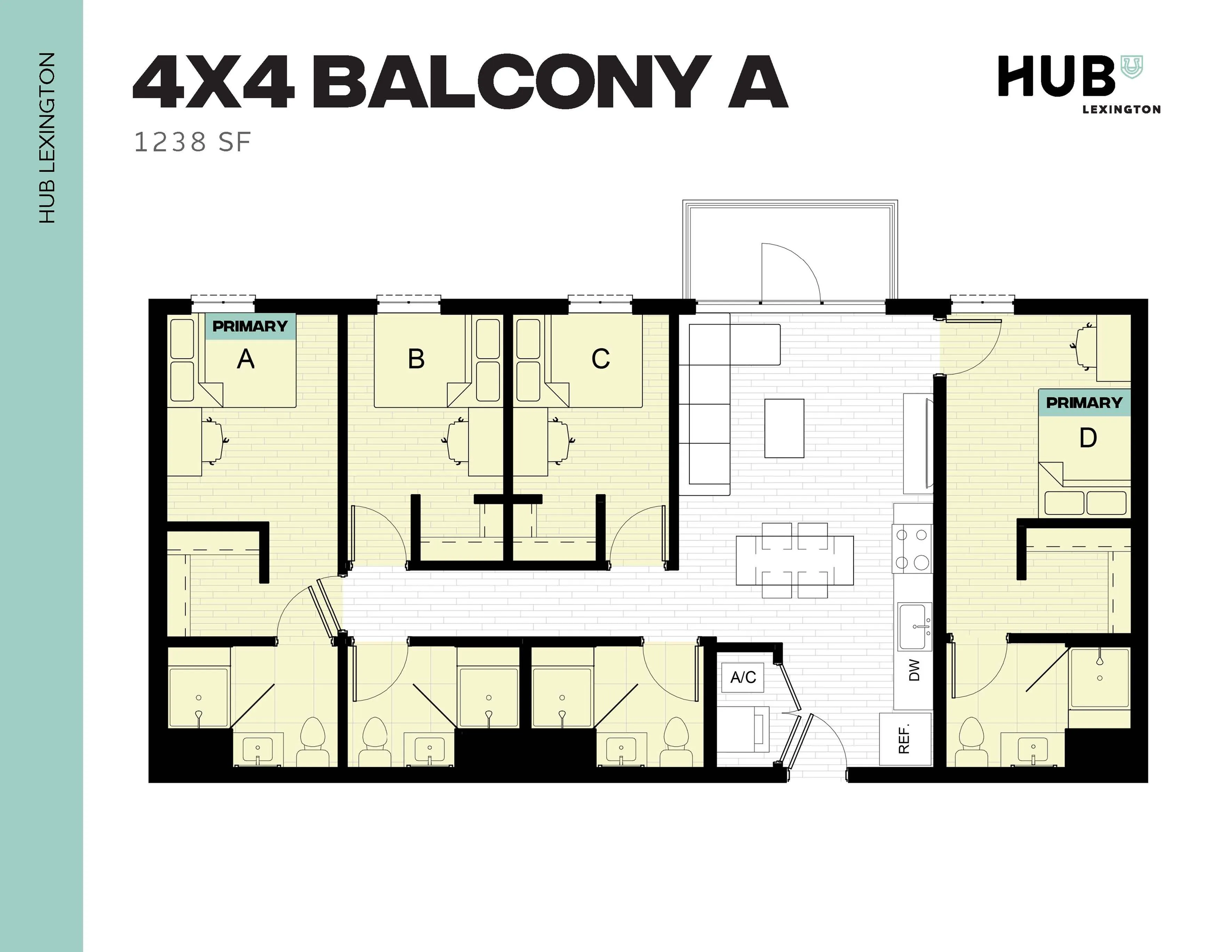 Contemporary 4X4 balcony floor plan showcasing 4 bedrooms, spacious living area, and modern kitchen at Hub Lexington, 1238 SF.