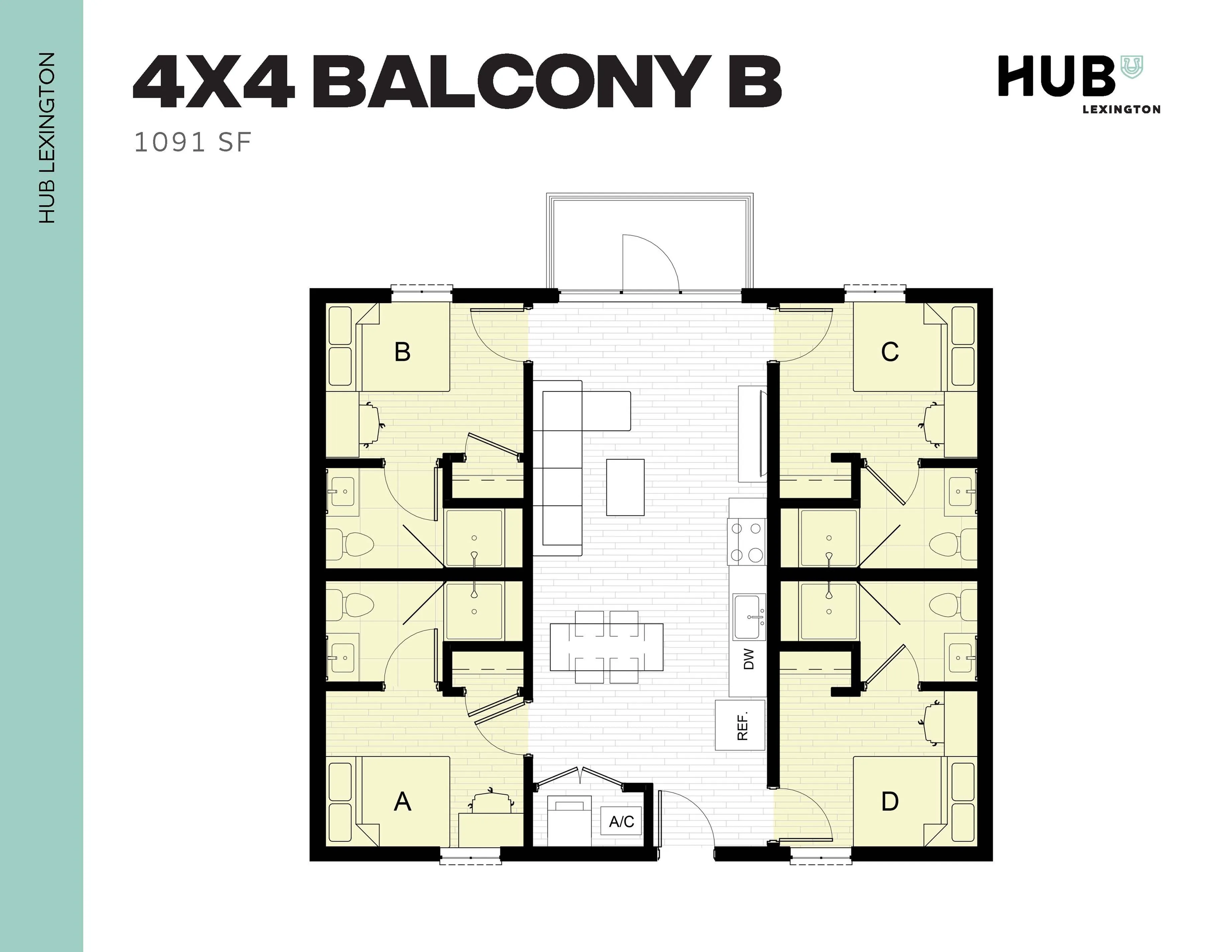 Contemporary 4x4 Balcony floor plan featuring four bedrooms, spacious living area, and modern kitchen in a 1091 sq ft layout at HUB Lexington.