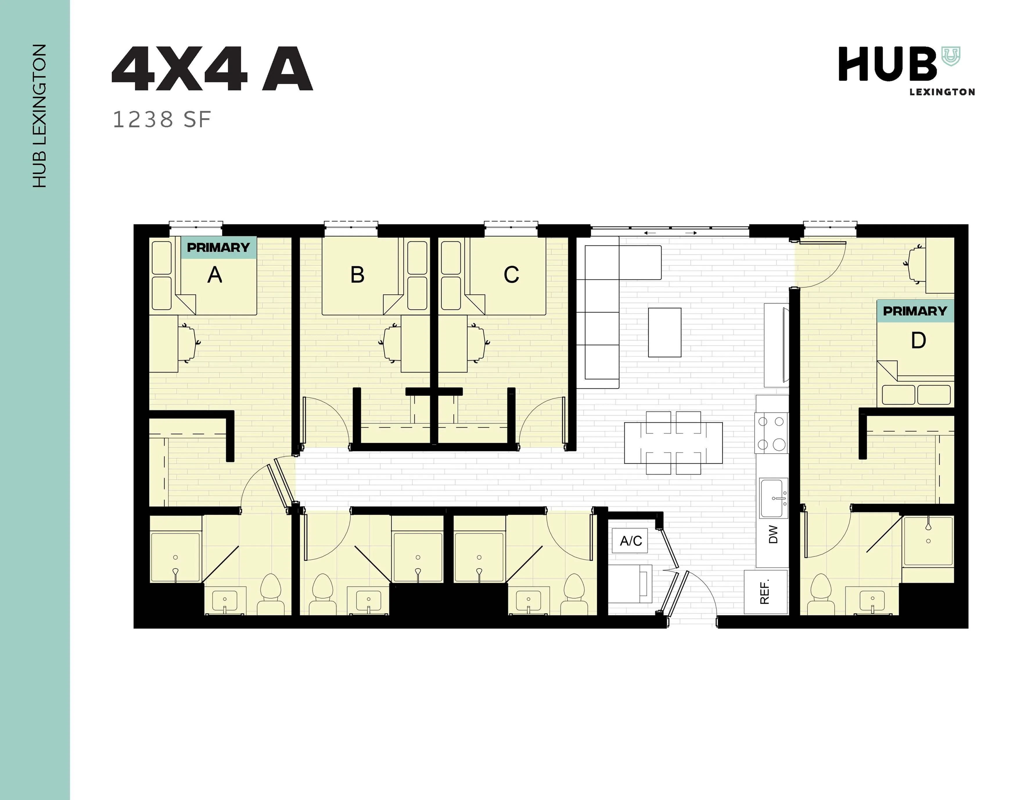 Modern 4X4 A floor plan at HUB Lexington, showcasing 4 private bedrooms, spacious common area, and fully equipped kitchen in 1238 sq ft.
