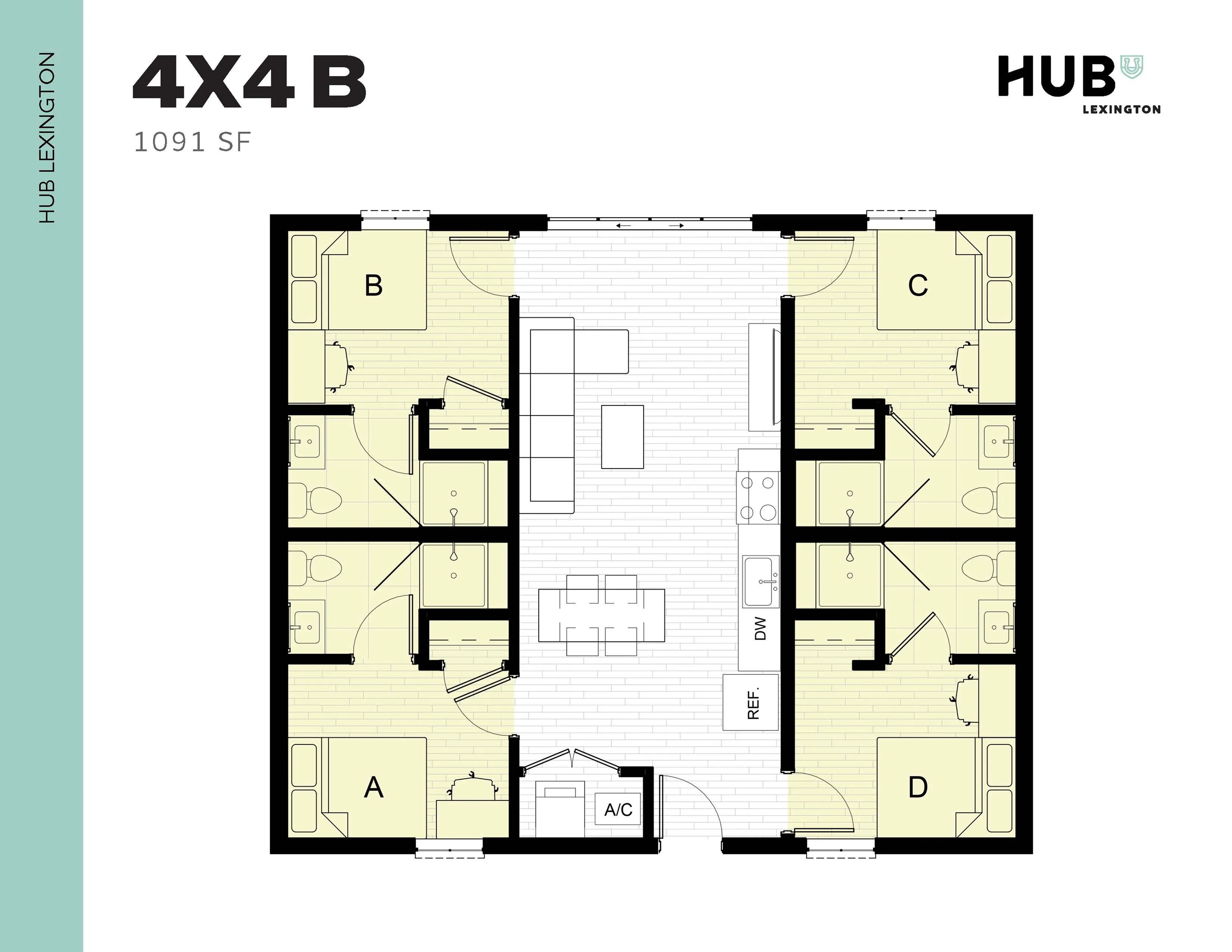 Modern 4-bedroom floor plan at Hub Lexington, featuring 1091 sq ft with an open-concept living area and spacious kitchen.