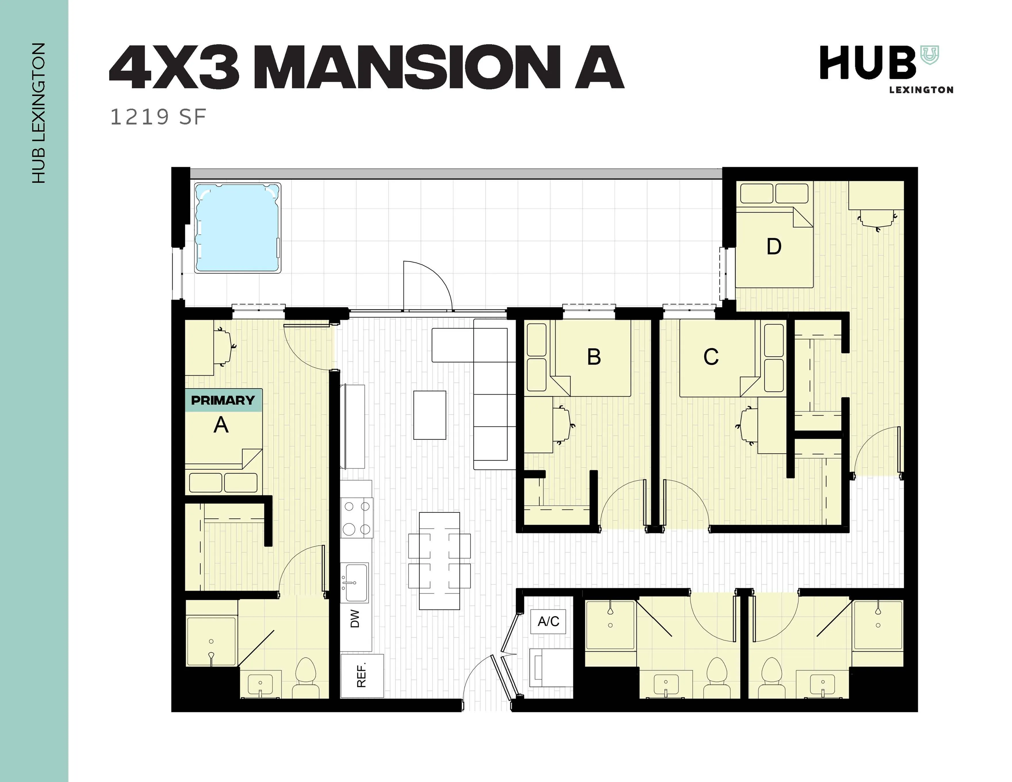 Elegant floor plan for Hub Lexington's 4X3 Mansion A, featuring a spacious layout with 3 bedrooms, open living area, modern kitchen, and luxurious amenities across 1219 sq ft.