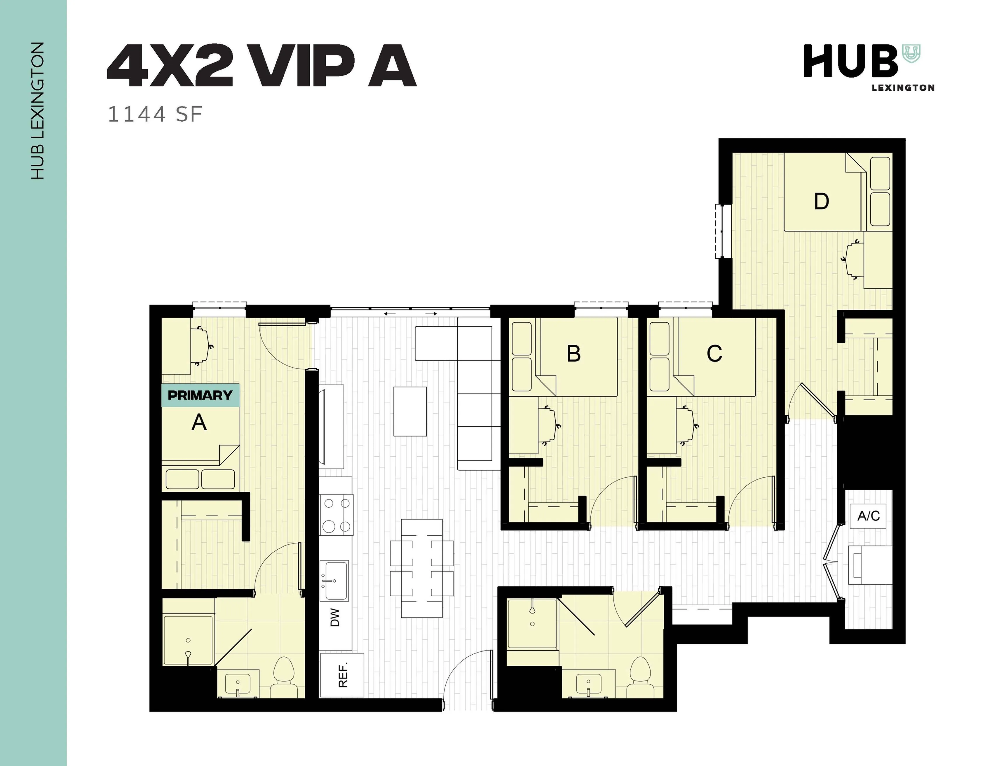 Inviting floor plan for Hub Lexington showcasing a 4-bedroom VIP unit with a spacious open-concept living area, modern kitchen, and 1144 square feet of elegant living space.