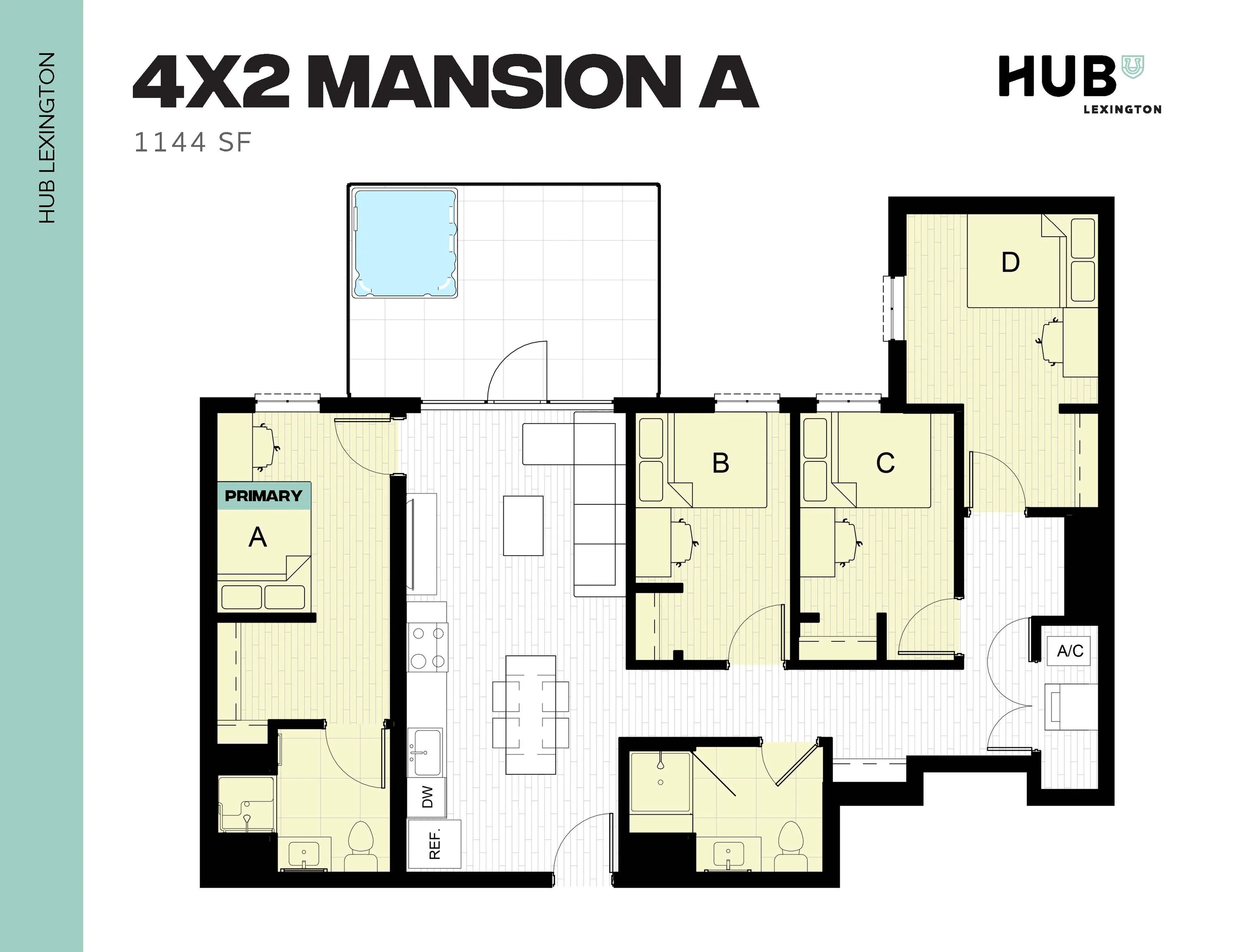 Modern 4X2 Mansion A floor plan at Hub Lexington, featuring 4 spacious bedrooms, a contemporary open living area, and a sleek kitchen, spread over 1144 square feet.