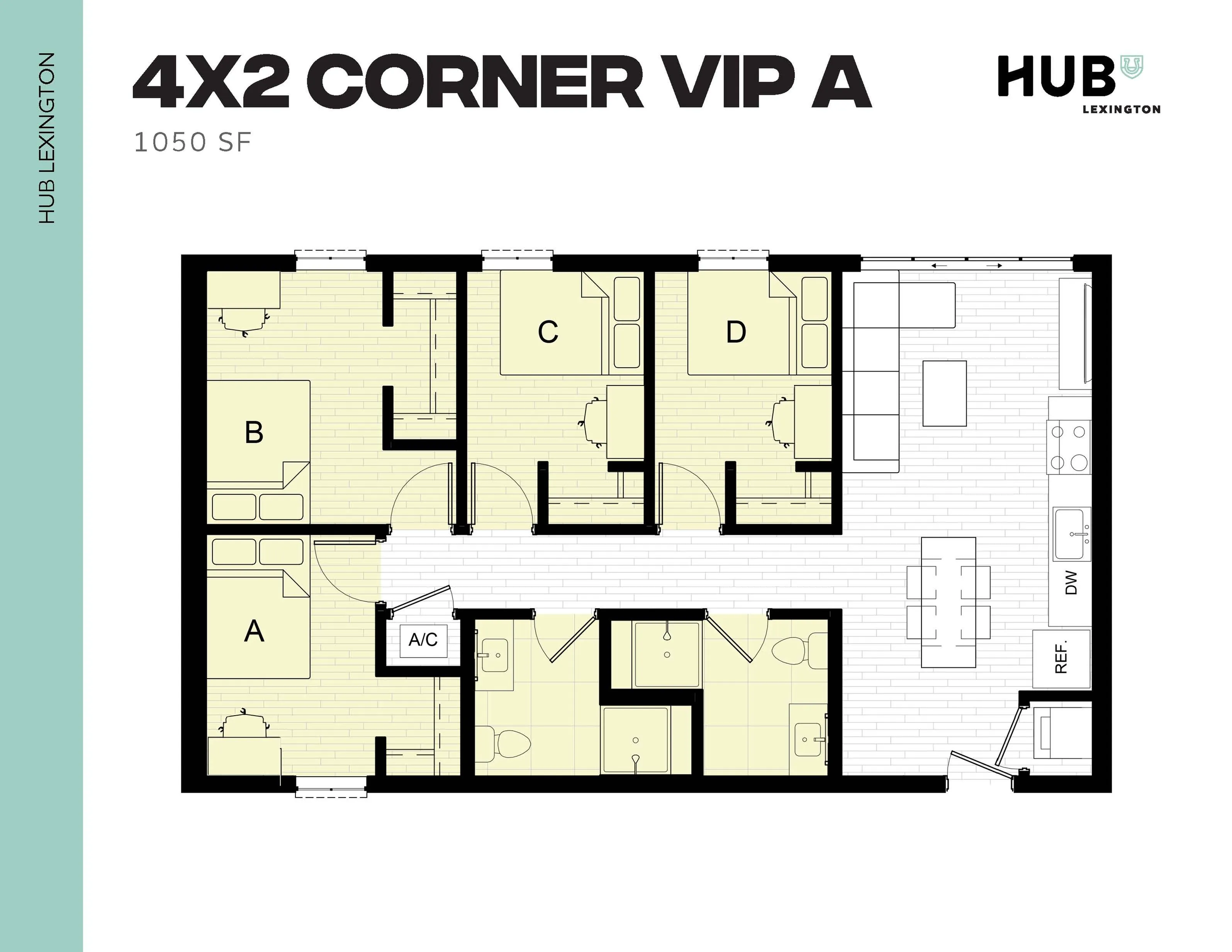 Modern 4X2 Corner VIP A floor plan with 4 bedrooms, 2 bathrooms, and a spacious living area in Hub Lexington, totaling 1050 sq ft.
