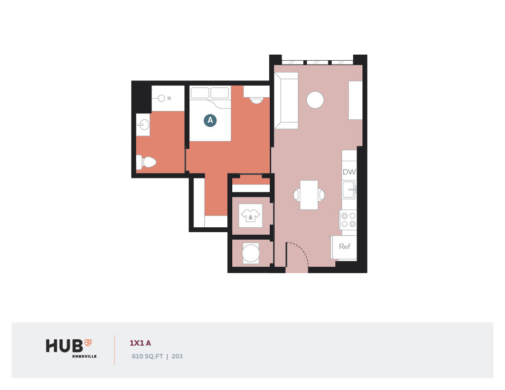 Chic 1-bedroom floor plan at Hub Knoxville, showcasing an efficient layout with a cozy living area and modern kitchen, covering 610 sq ft.