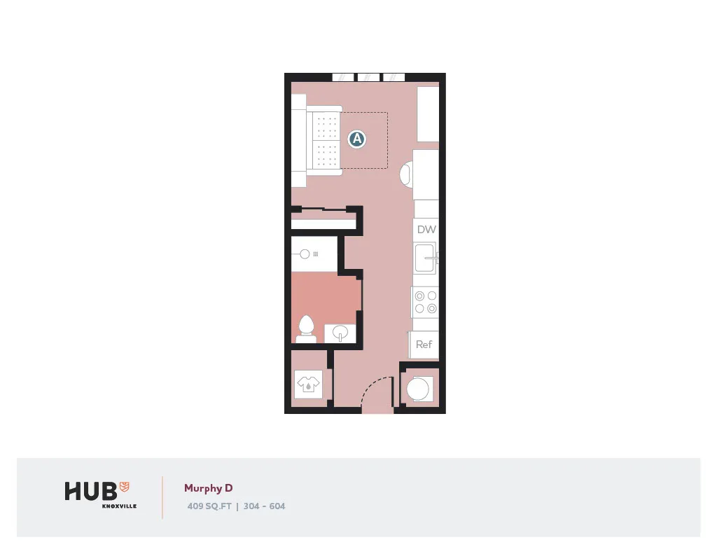 Modern studio apartment floor plan at Hub Knoxville, featuring a smart layout with 409 sq ft, including a cozy bedroom, compact kitchen, and convenient bathroom.