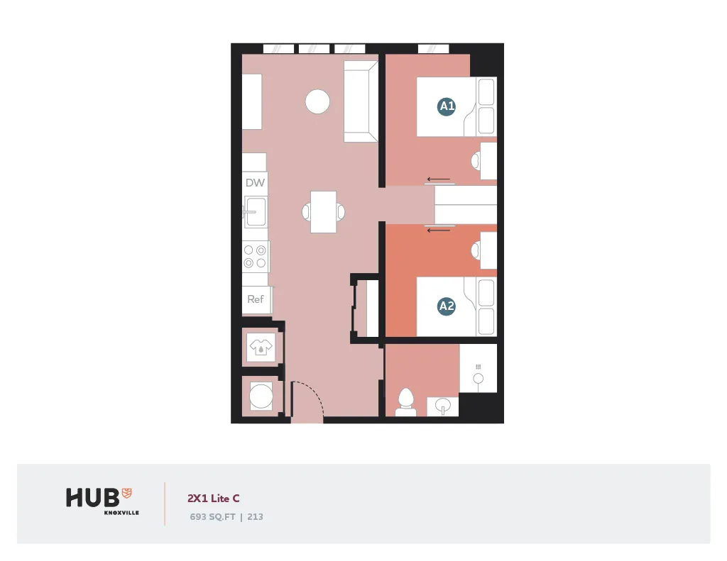 Modern floor plan of a 2-bedroom apartment with an open living area, kitchen, and bathroom, covering 693 sq ft at HUB Knoxville, 2X1 Lite C layout.