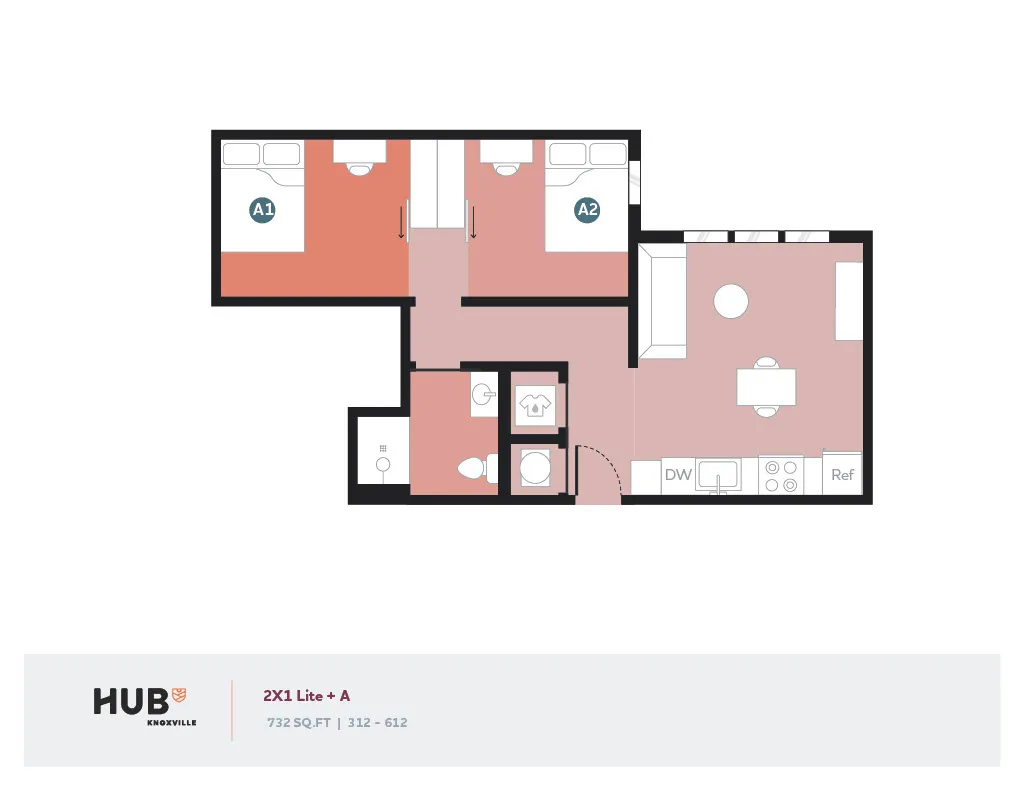 Modern 2-bedroom floor plan, open living area with kitchen, ideal for stylish living at HUB Knoxville, 732 sq ft.