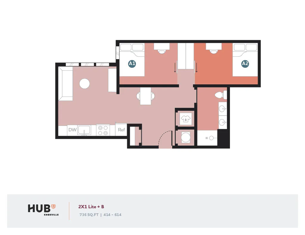 Efficient 2D floor plan layout with two cozy bedrooms, an inviting living space, and a modern kitchen at Hub Knoxville, 736 sq. ft.