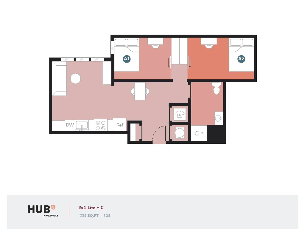 Contemporary 2D floor plan showcasing 2 bedrooms, a stylish kitchen with dishwasher, and a cozy living area at HUB Knoxville, 739 sq ft.