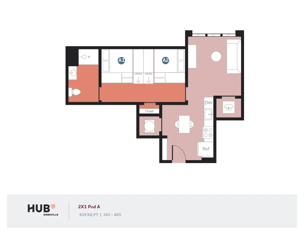 Efficient 2D floor plan for HUB Knoxville's 2X1 Pod A featuring two bedrooms, a cozy living area, and functional kitchen layout. Perfectly designed 639 sq ft space for modern living.