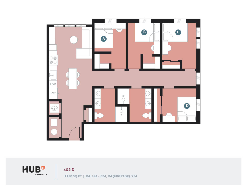 Modern 4-bedroom apartment floor plan with an open-concept kitchen and living area, featuring two shared bathrooms, ideal for spacious living in Knoxville. Total area of 1150 sq. ft. with upgraded amenities.