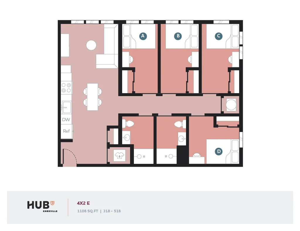 Modern 4-bedroom apartment floor plan with open-concept living and dining area, located in HUB Knoxville, covering 1108 sq ft.