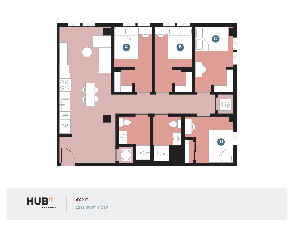 Modern 4-bedroom floor plan at Hub Knoxville featuring an open-concept kitchen and living area, 1112 sq ft.