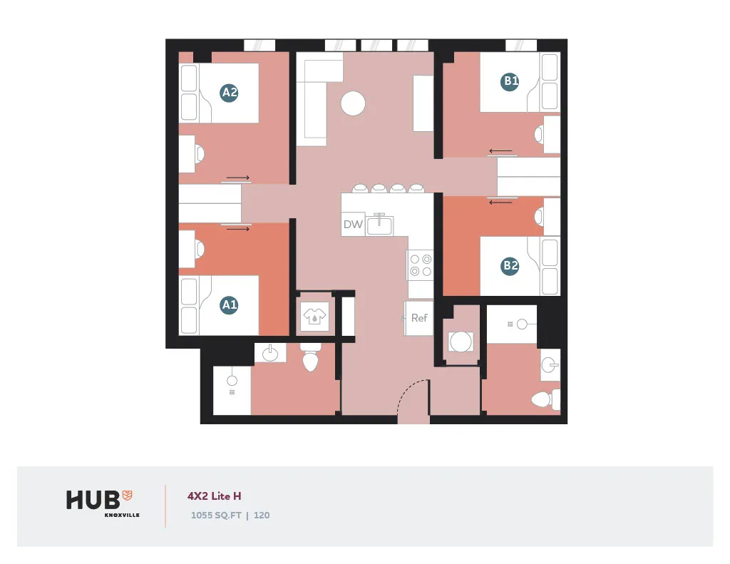 Modern 4-bedroom floor plan at HUB Knoxville featuring a central open-concept living space and well-designed kitchen, 1055 sq ft.