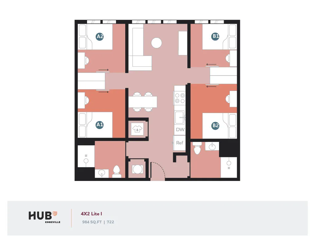 Modern 4-bedroom apartment floor plan at HUB Knoxville, featuring 984 sq ft of living space, an efficient layout, and contemporary design.