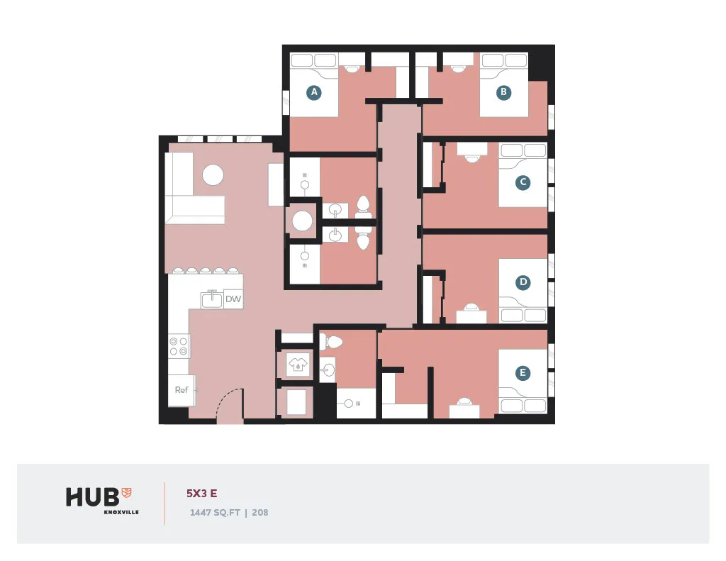 Modern floor plan showcasing 5 bedrooms, spacious shared living area, and functional kitchen in a 1447 sq ft layout at Hub Knoxville.