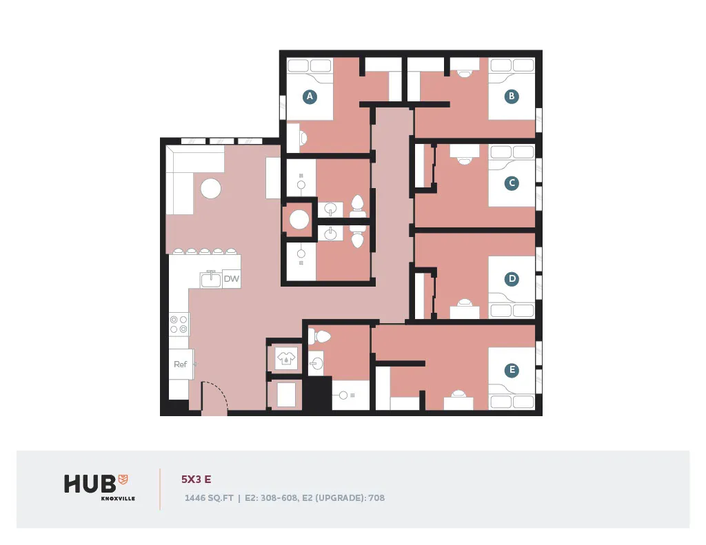 Modern 5-bedroom floor plan at Hub Knoxville, featuring a spacious kitchen, multiple bathrooms, and a comfortable living space layout, covering 1446 sq ft.