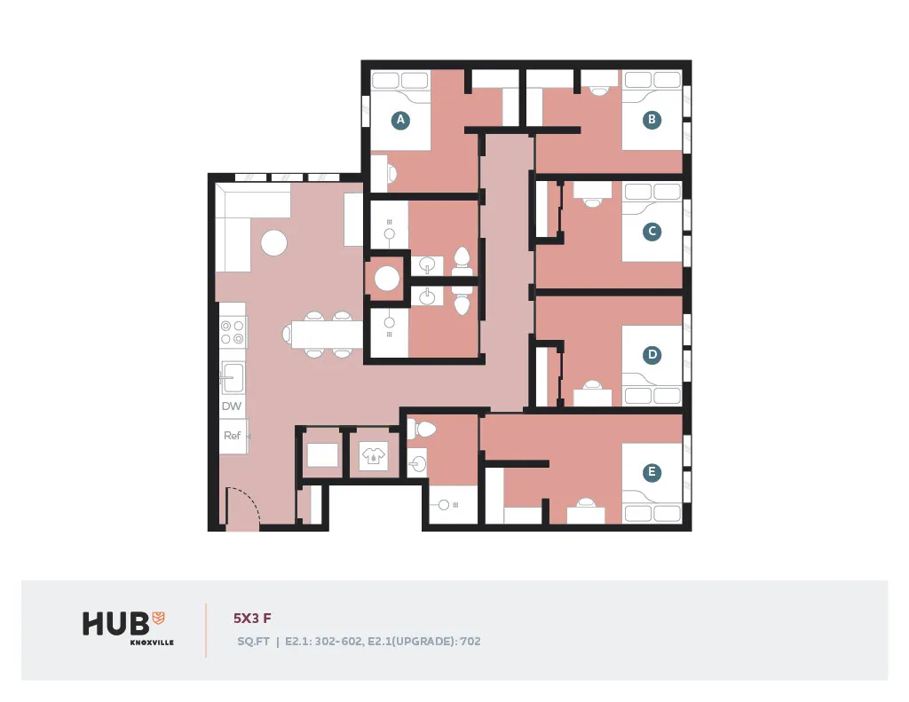Spacious 5-bedroom floor plan at Hub Knoxville featuring an open kitchen and living area, perfect for comfortable living.