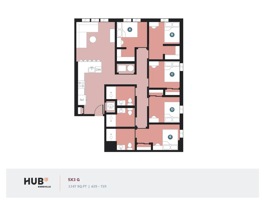 Modern apartment floor plan showcasing a spacious 5-bedroom layout with private bathrooms, sleek kitchen, and open living area, 1347 sq ft, ideal for comfortable urban living.