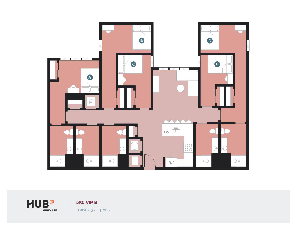 Elegant 5-bedroom floor plan at Hub Knoxville featuring spacious living area, modern kitchen, and multiple bathrooms in a 1804 sq ft layout.