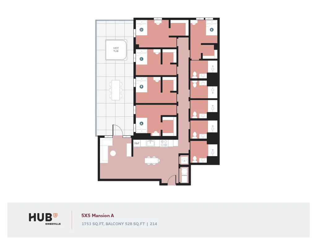 Modern 5X5 Mansion A floor plan featuring five bedrooms, expansive living area, and balcony with hot tub, Knoxville, 1753 sq ft plus 528 sq ft balcony.