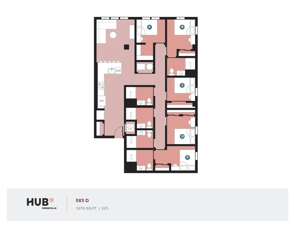 Modern 5-bedroom floor plan with spacious common area, sleek kitchen, and private bathrooms, covering 1678 sq ft at Hub Knoxville.