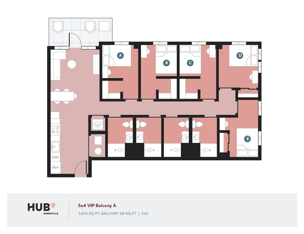 Modern floor plan for HUB Knoxville's 5x4 VIP Balcony A layout with 5 spacious bedrooms, multiple bathrooms, and a large balcony. Total area is 1420 sq.ft with an additional 88 sq.ft balcony.