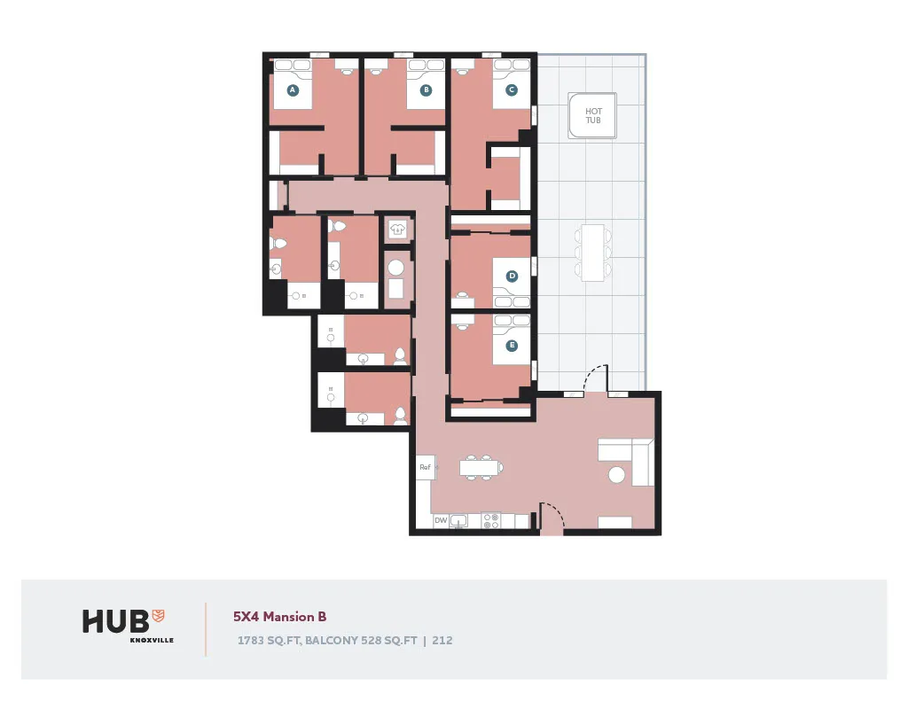 Luxurious floor plan for HUB Knoxville's 5X4 Mansion B, featuring 5 bedrooms, a hot tub, and an expansive balcony. Perfect for modern living at 1783 sq. ft with a 528 sq. ft balcony.