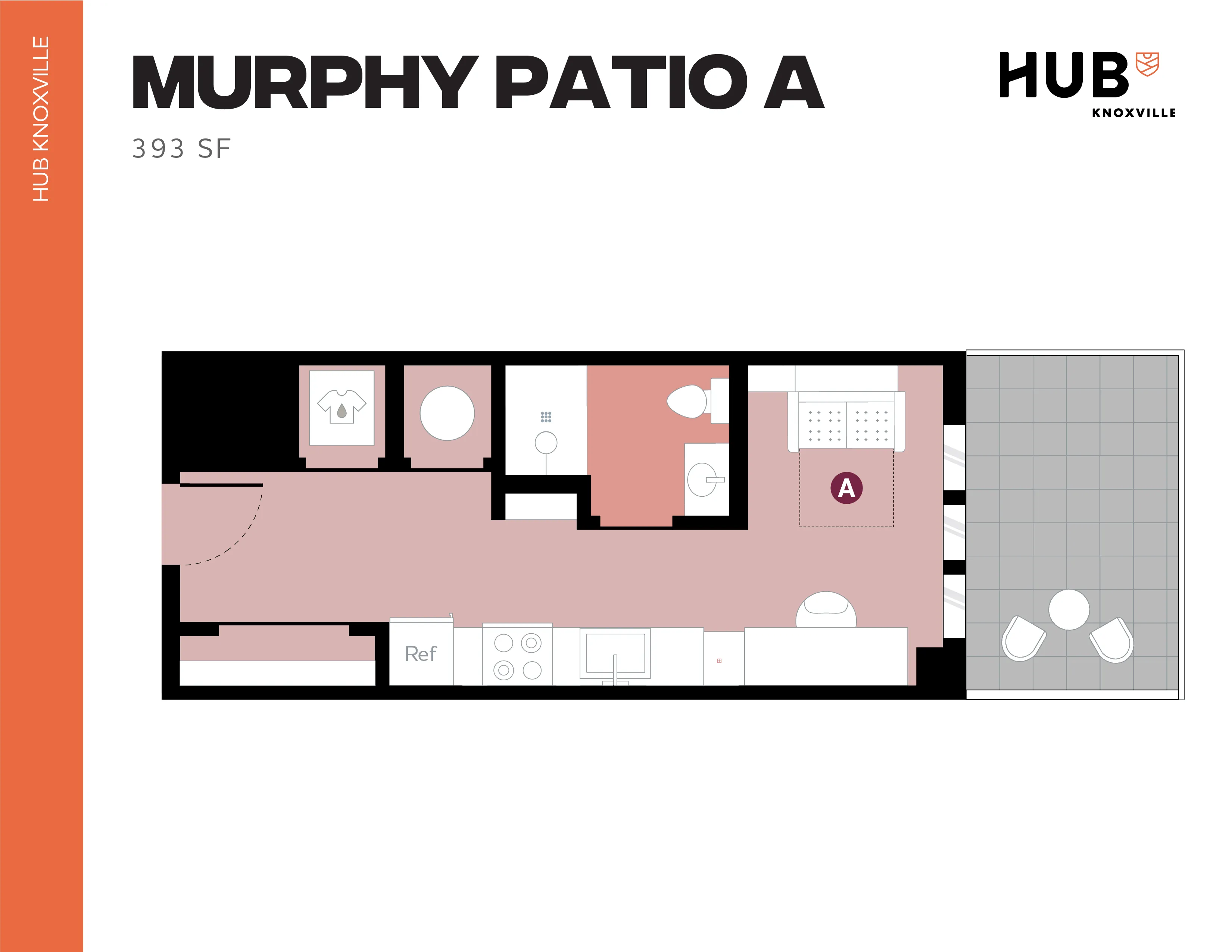 Inviting Murphy Patio A floor plan at Hub Knoxville featuring an open-concept studio layout, spacious living area, efficient kitchen, stylish bathroom, and private patio within 393 sq ft.