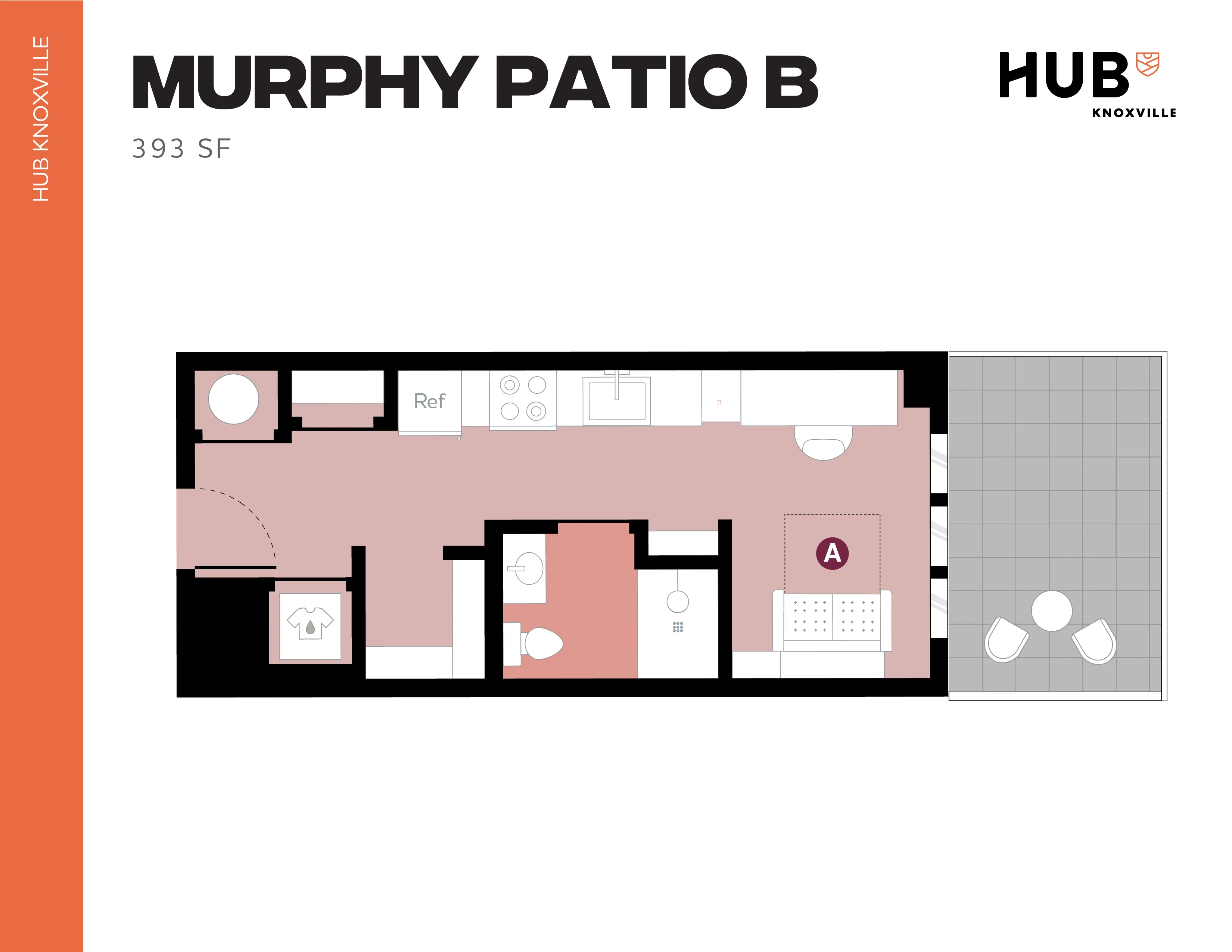Modern Murphy Patio B floor plan at Hub Knoxville showing a compact 393 sq ft layout with a sleek kitchenette, cozy living area, and stylish bathroom.