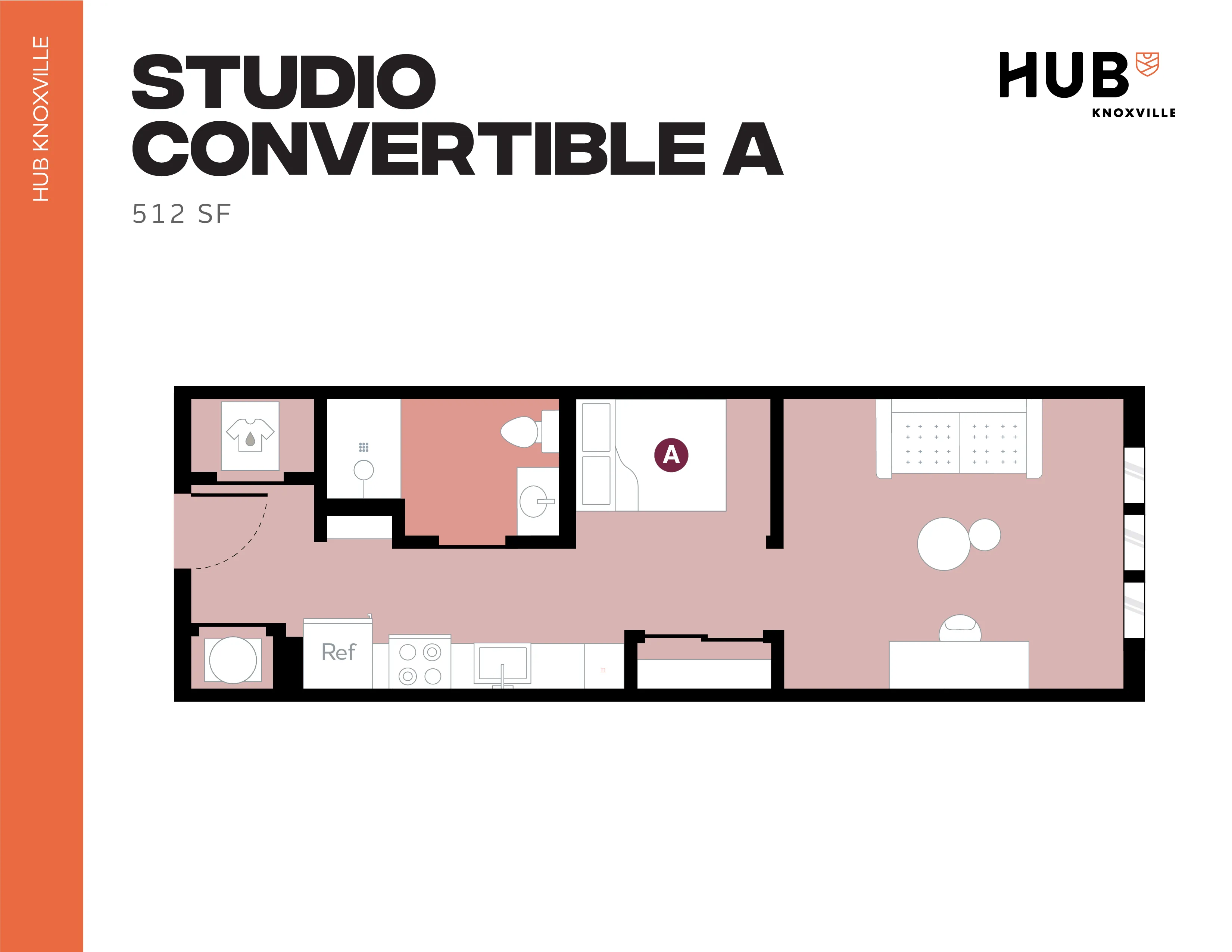 Stylish studio convertible floor plan at Hub Knoxville, 512 sq ft, featuring an open layout with a modern kitchen and living area.