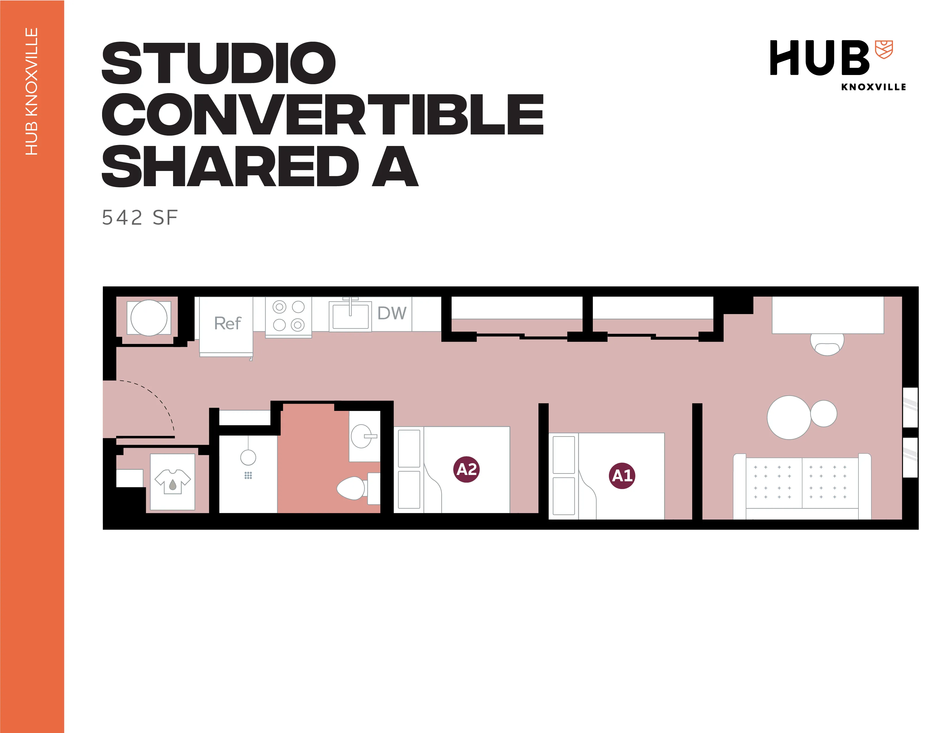 Chic studio convertible floor plan with shared living space at Hub Knoxville, 542 sq ft featuring two sleeping areas, modern kitchen, and inviting living area.