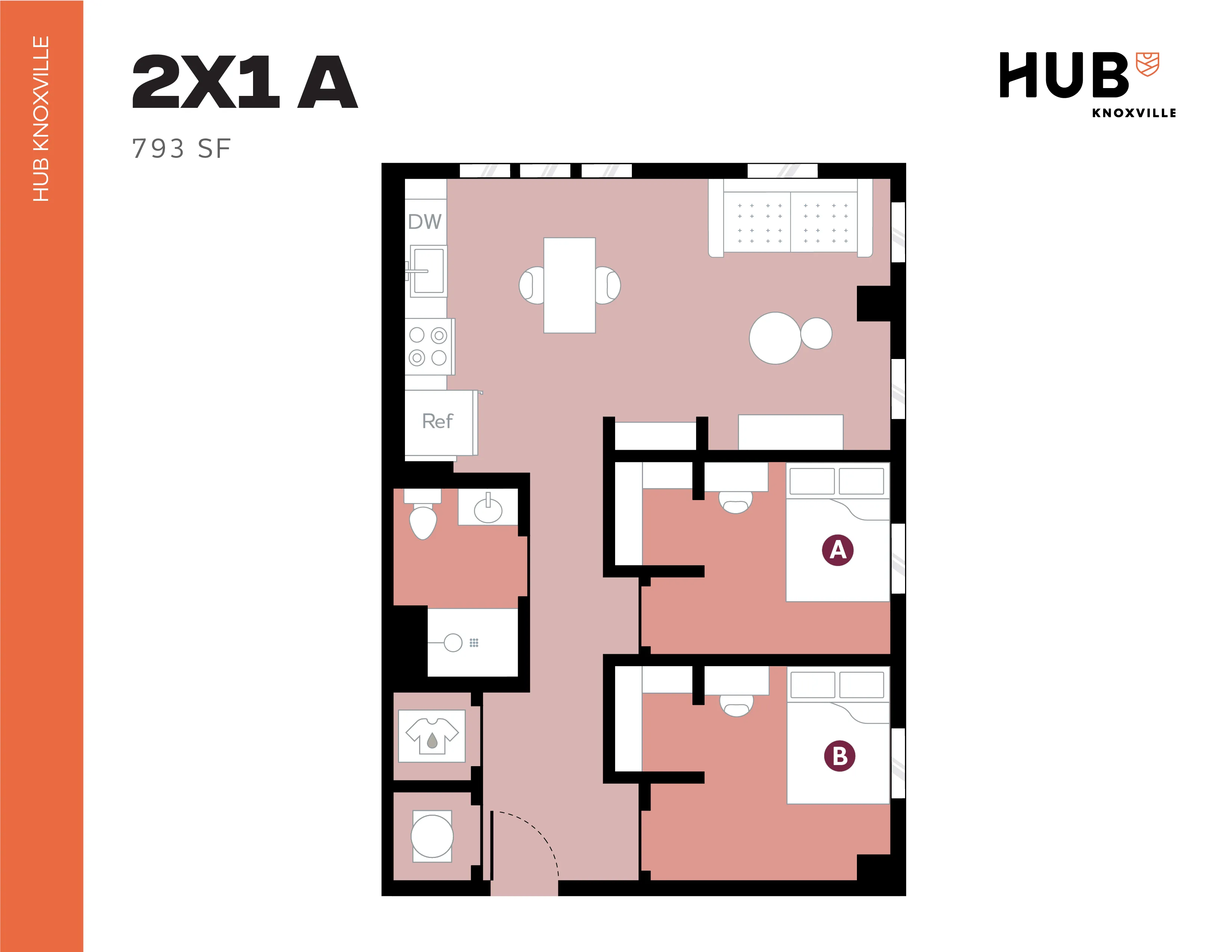 Contemporary 2D floor plan for Hub Knoxville featuring 2 bedrooms, a stylish open-concept kitchen, and spacious living area, 793 sq ft.