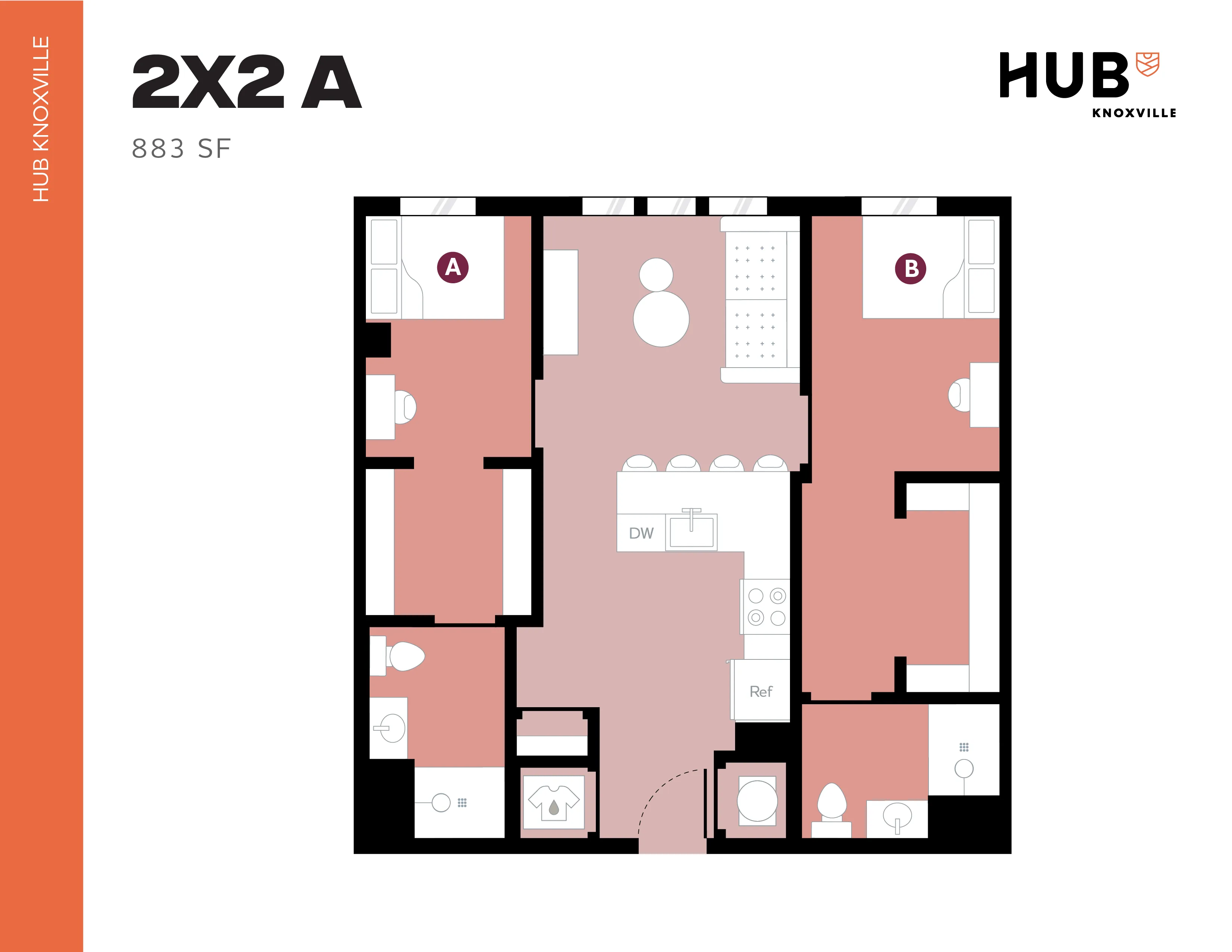 Contemporary 2X2 A floor plan at HUB Knoxville featuring 883 sq ft with two cozy bedrooms, modern kitchen, and inviting living space.