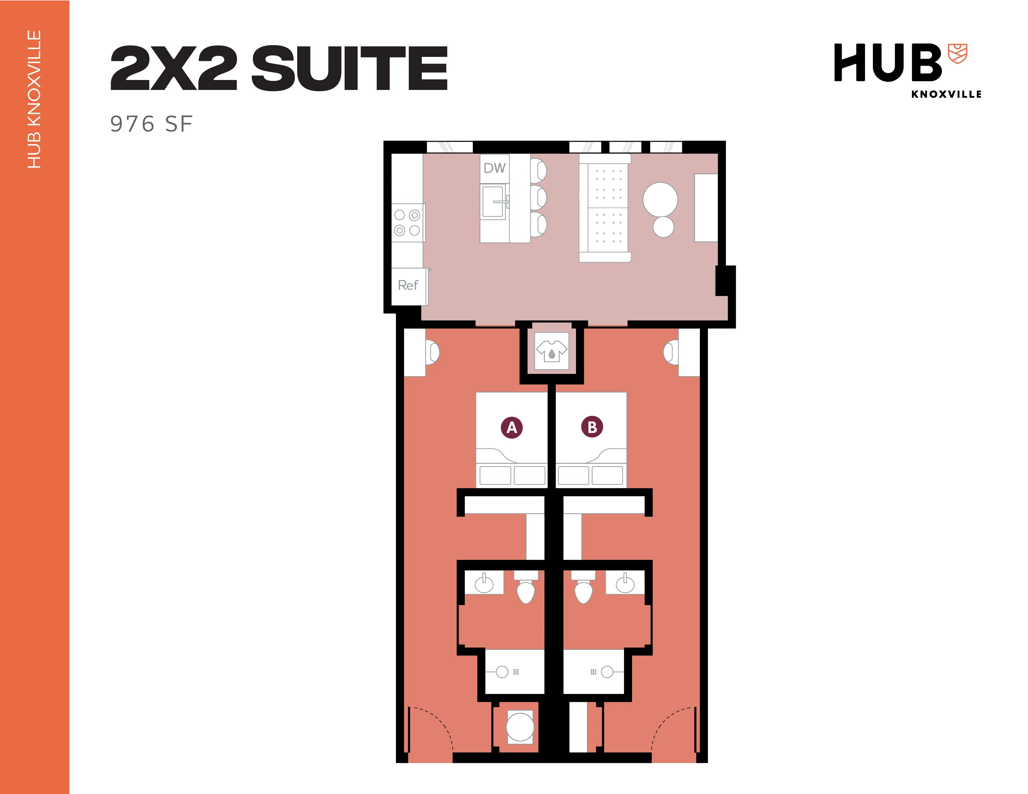 Modern 2X2 suite floor plan at Hub Knoxville featuring 2 bedrooms, stylish kitchen, and 976 sq ft of comfortable living space.