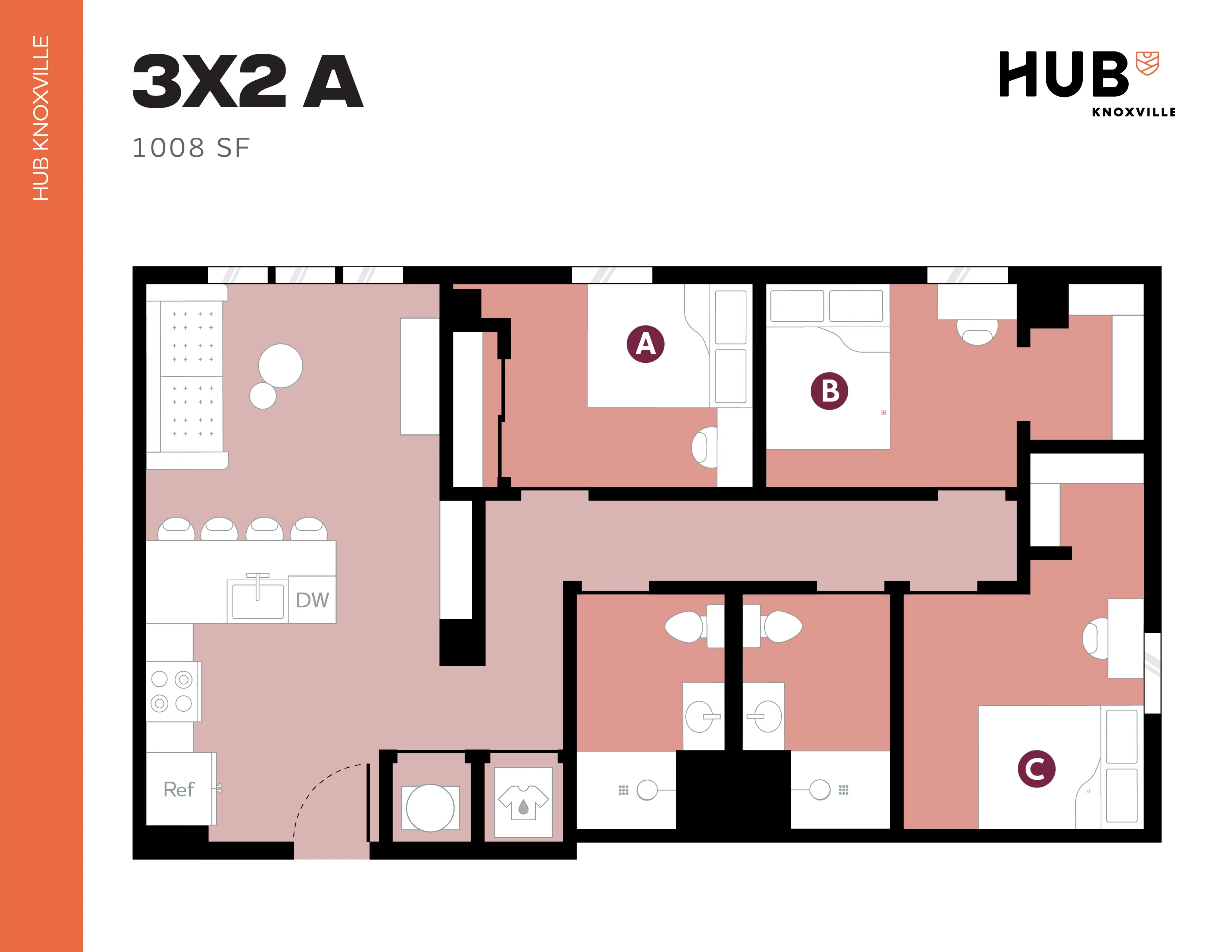 Modern 3X2 A floor plan layout boasting 1008 square feet with three cozy bedrooms, two sleek bathrooms, and an inviting open-concept kitchen and living area, designed for comfort and style at Hub Knoxville.