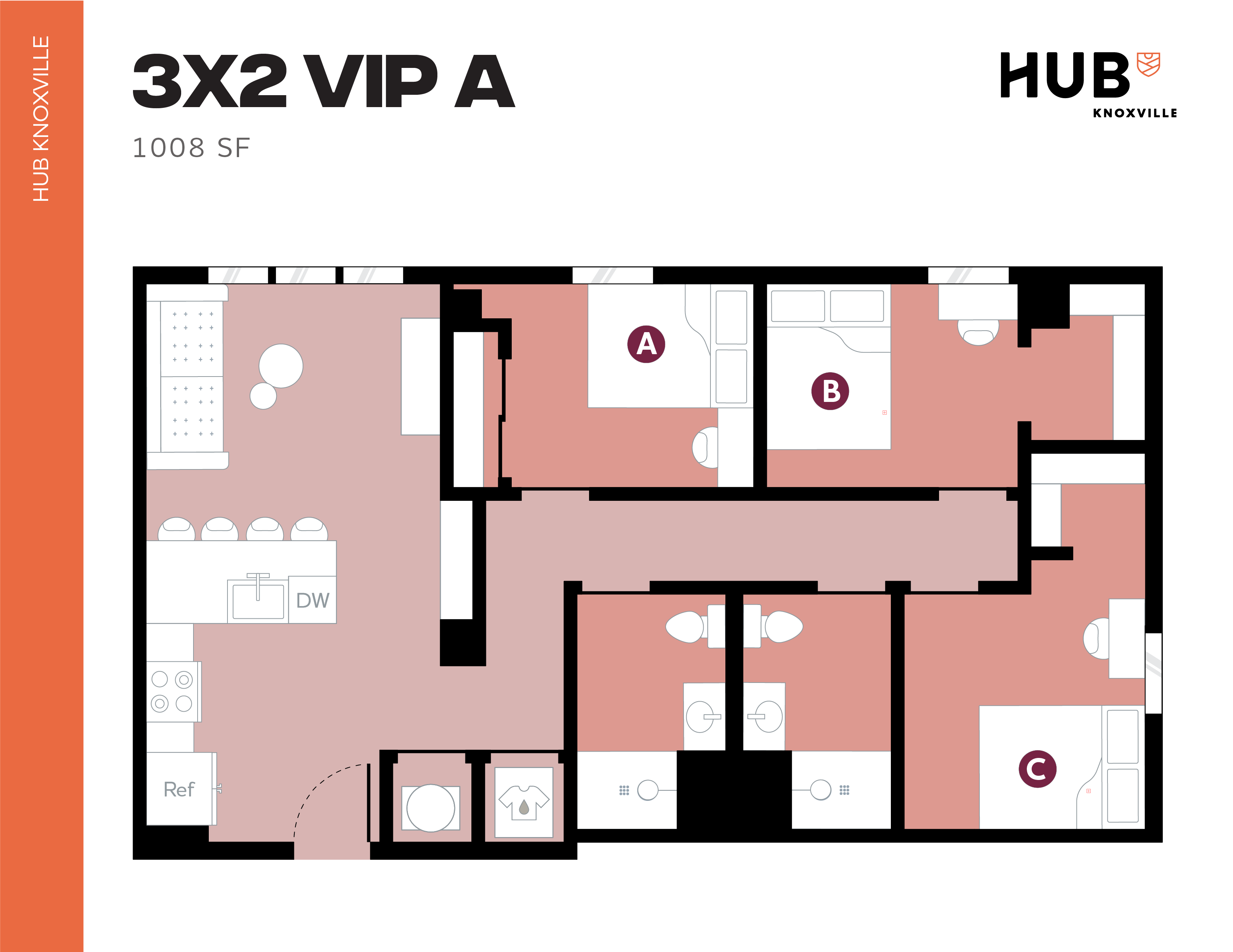 Modern floor plan labeled '3X2 VIP A', highlighting three bedrooms, open kitchen with bar seating, and two bathrooms in 1008 sq ft of stylish living space.