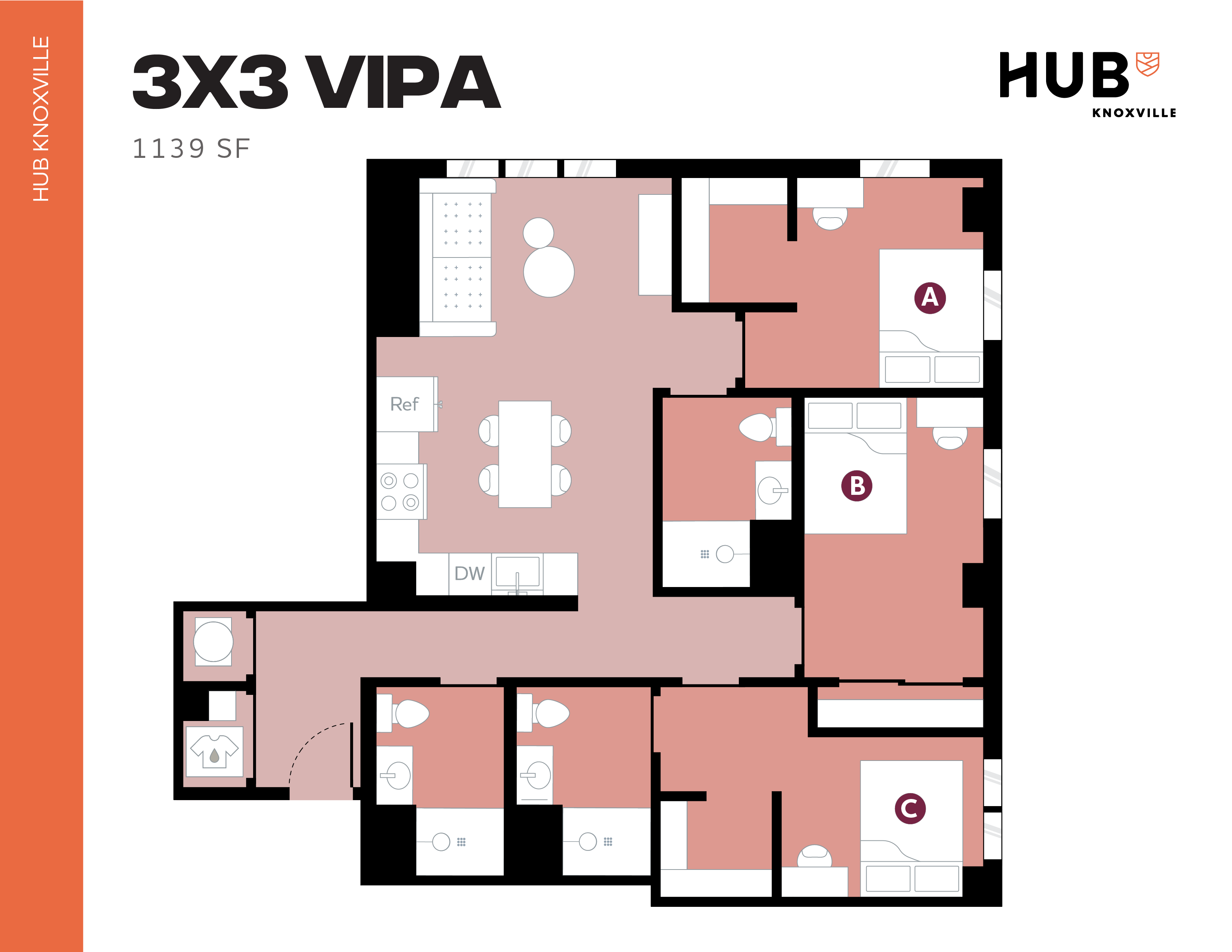 Modern 3-bedroom, 3-bathroom floor plan at HUB Knoxville, featuring an open-concept kitchen and living area, 1139 square feet.