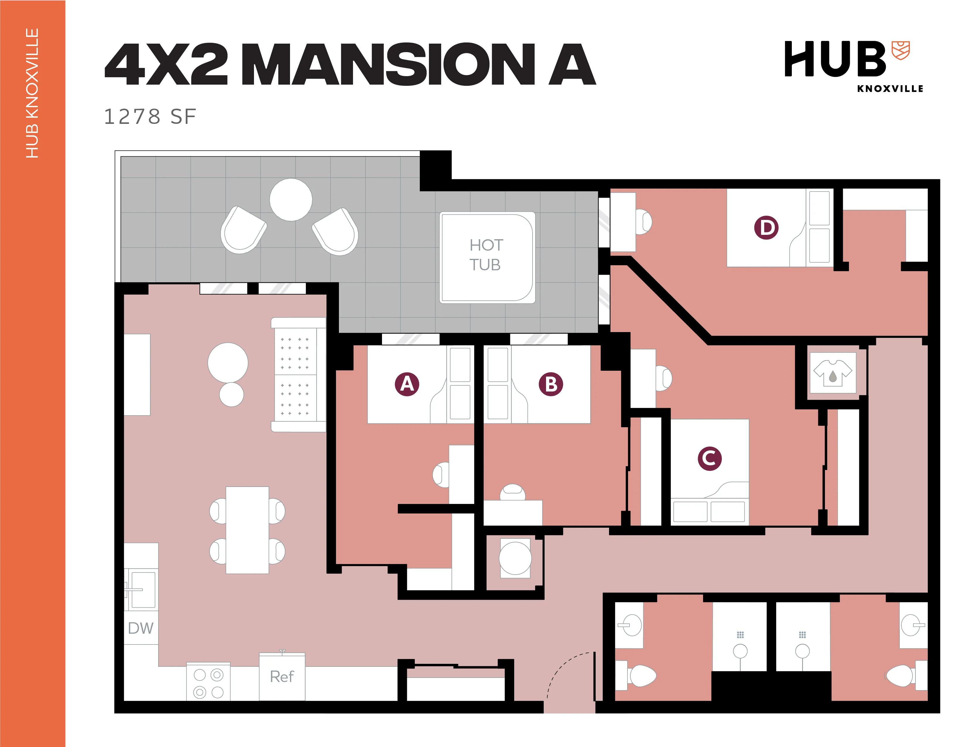 4x2 Mansion A floor plan in Hub Knoxville, featuring four spacious bedrooms, modern kitchen, open dining area, and private hot tub, covering 1278 square feet.