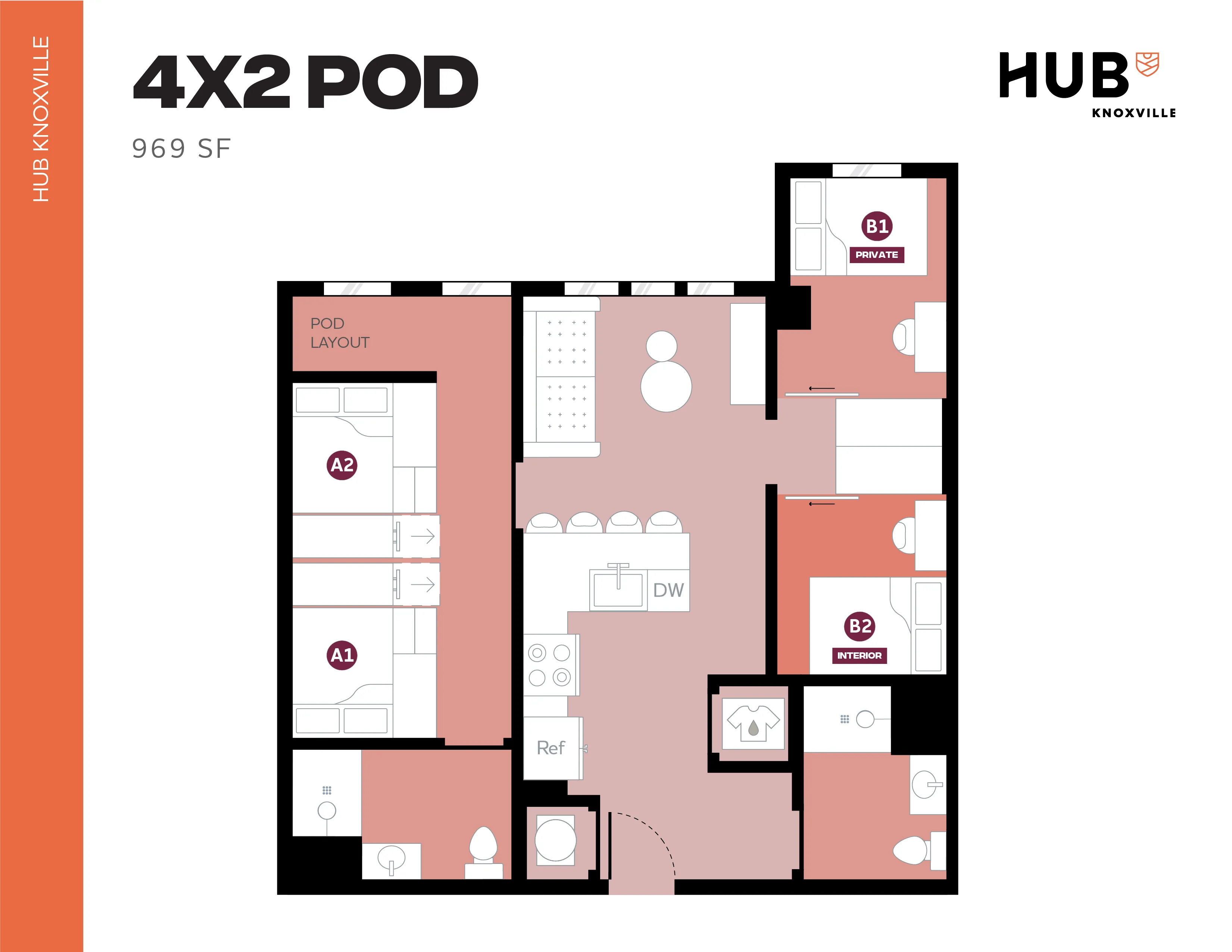 Modern 4X2 POD floor plan at Hub Knoxville featuring a clever 969 sq ft layout with private bedrooms, stylish living area, and efficient kitchen.