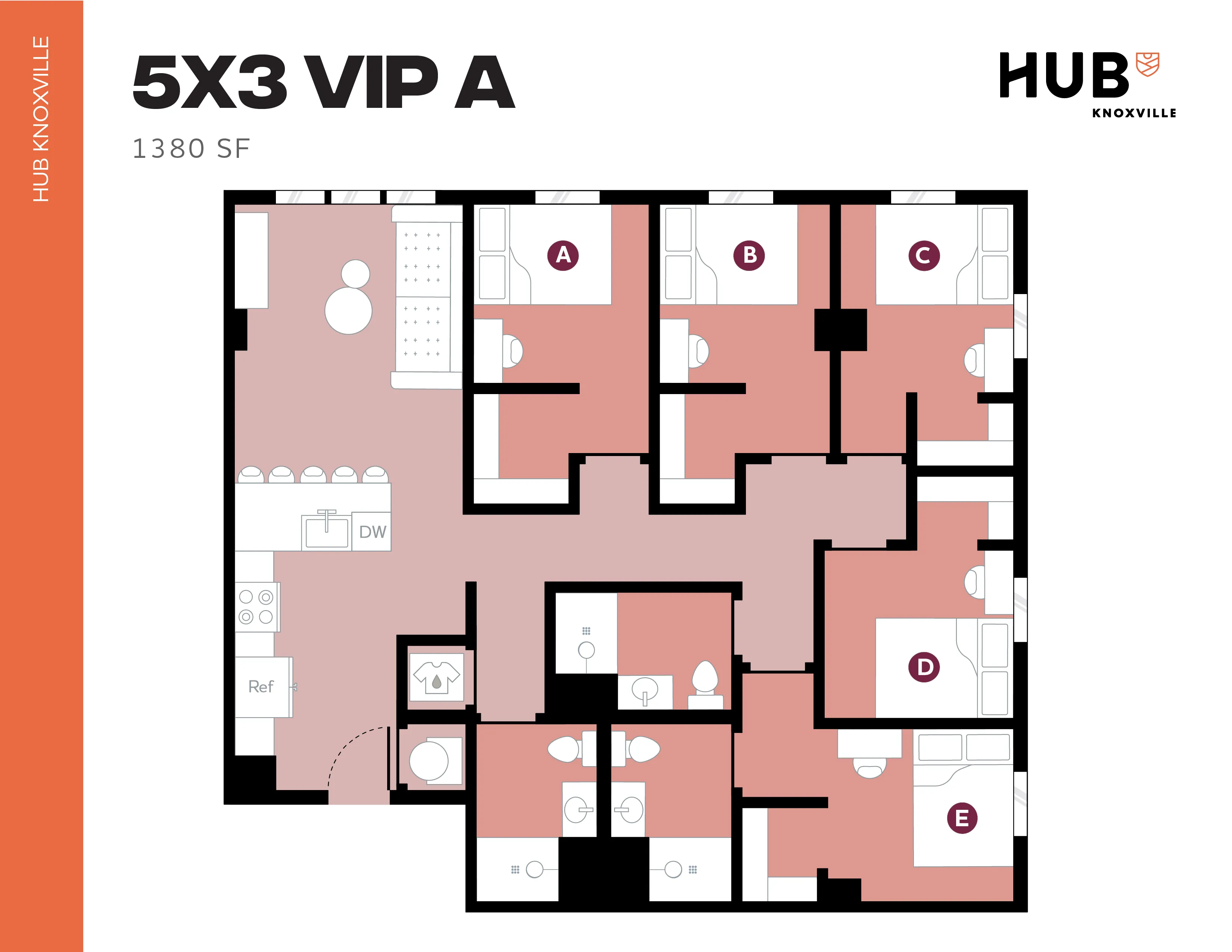 Modern 5-bedroom floor plan 'VIP A' at Hub Knoxville, featuring a spacious 1380 sq ft layout with open-concept living and dining area.