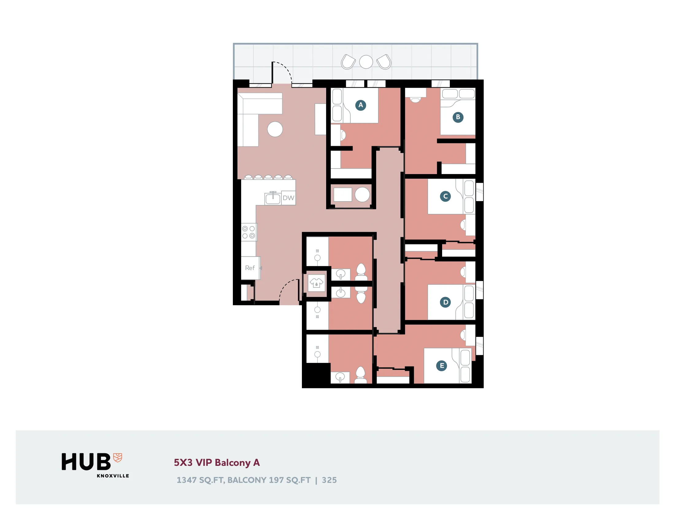 Elegant 5-bedroom VIP floor plan with spacious open-concept living area and balcony in Knoxville, 1347 sq ft with additional 197 sq ft balcony.